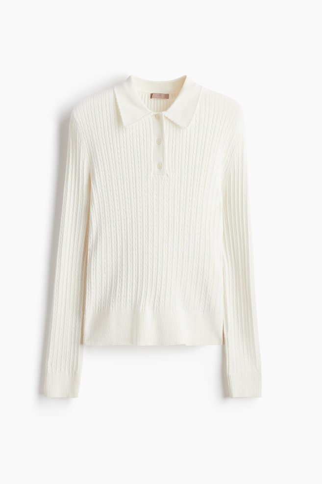 Cable Knit Polo Shirt - Cream - 1