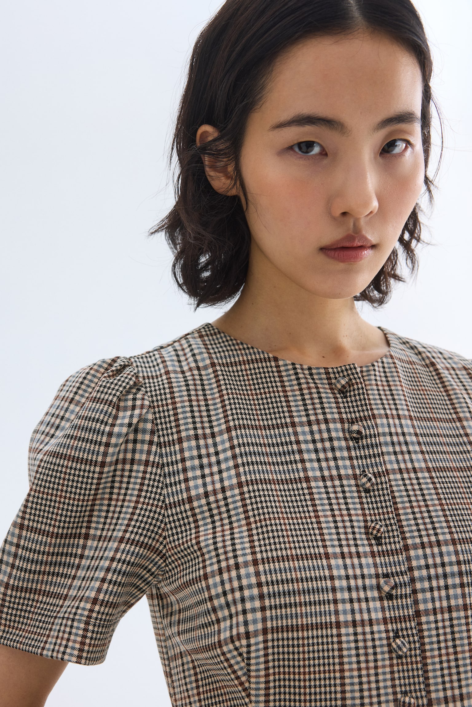 Bubble-hem dress - Beige/Checked/Black - 4