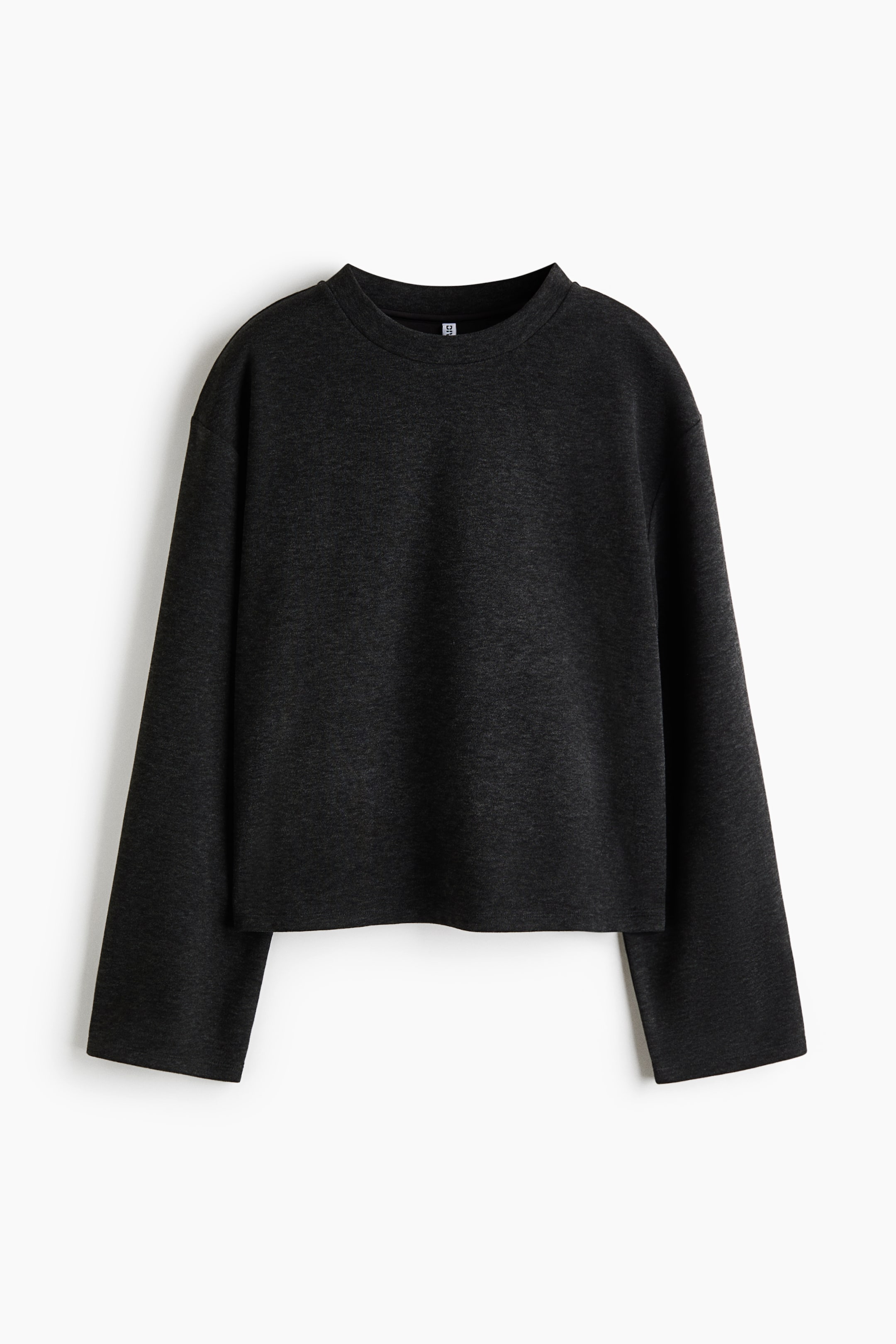 View larger image: A dark grey fleece sweatshirt top is shown front-facing, featuring a ribbed crew neckline, dropped shoulders, and long, wide sleeves. The garment presents a relaxed, slightly cropped silhouette with clean-finished hems at the sleeves and waist.