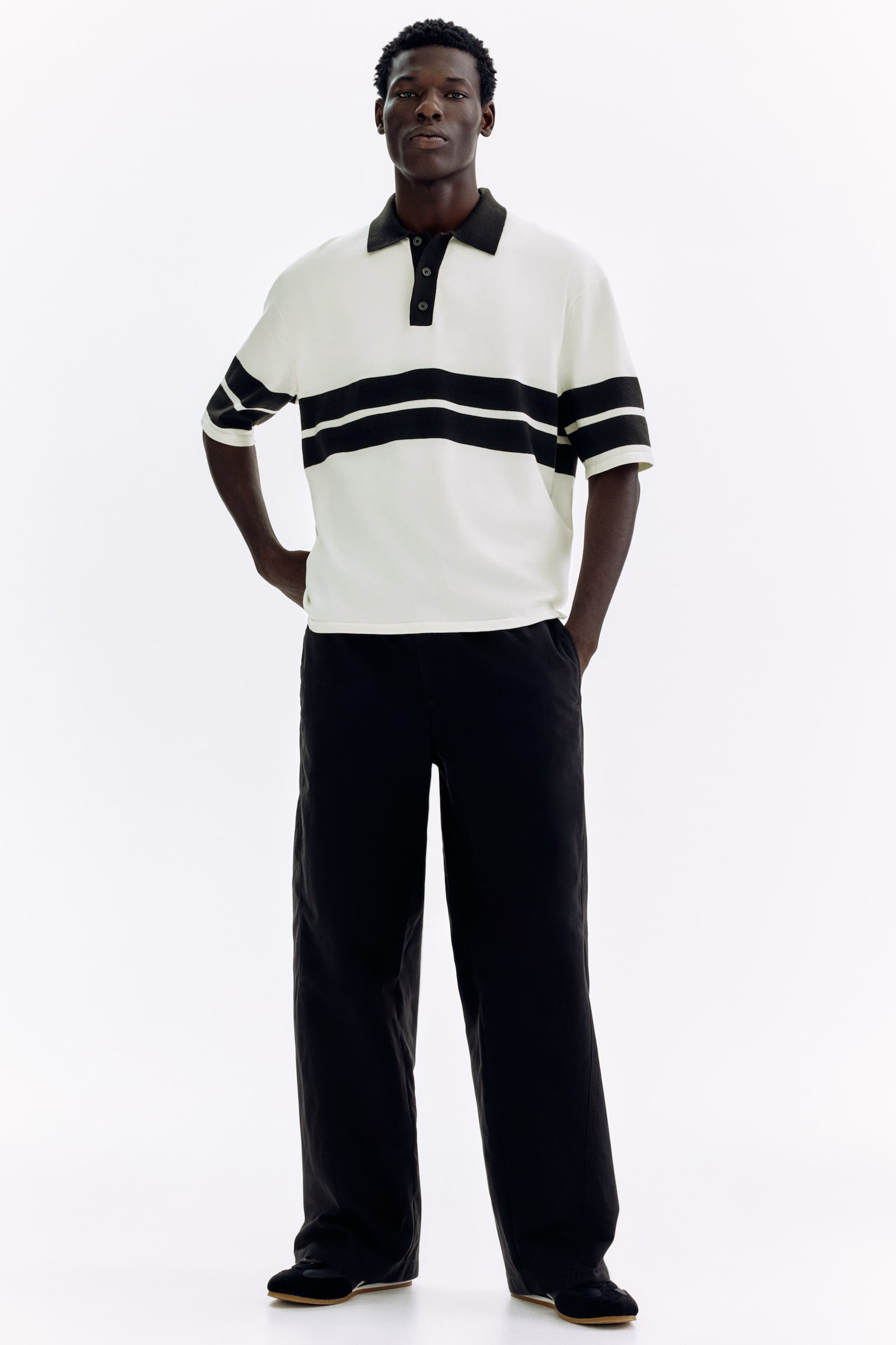 Loose Fit Knitted polo shirt - White/Black/Dark mole/Black - 3
