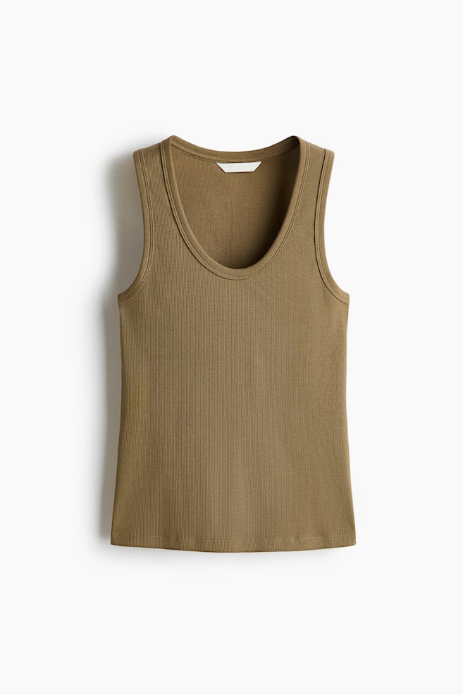 Ribbed Cotton Tank Top - Khaki green/White - 1