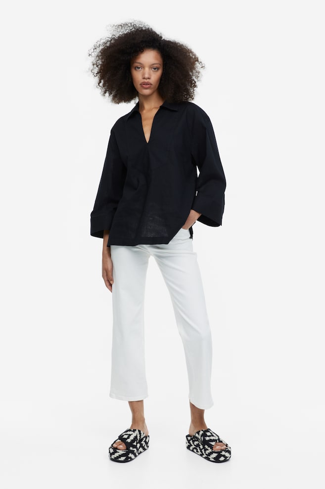 Linen-blend popover shirt - Black/White - 4
