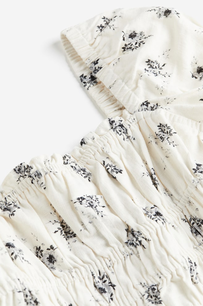 Linen-blend smocked-waist dress - Cream/Floral/Black - 3
