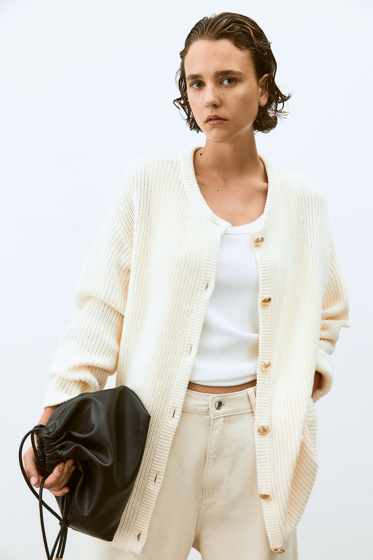 Rib-knit cardigan - Cream/Black/Navy blue - 1