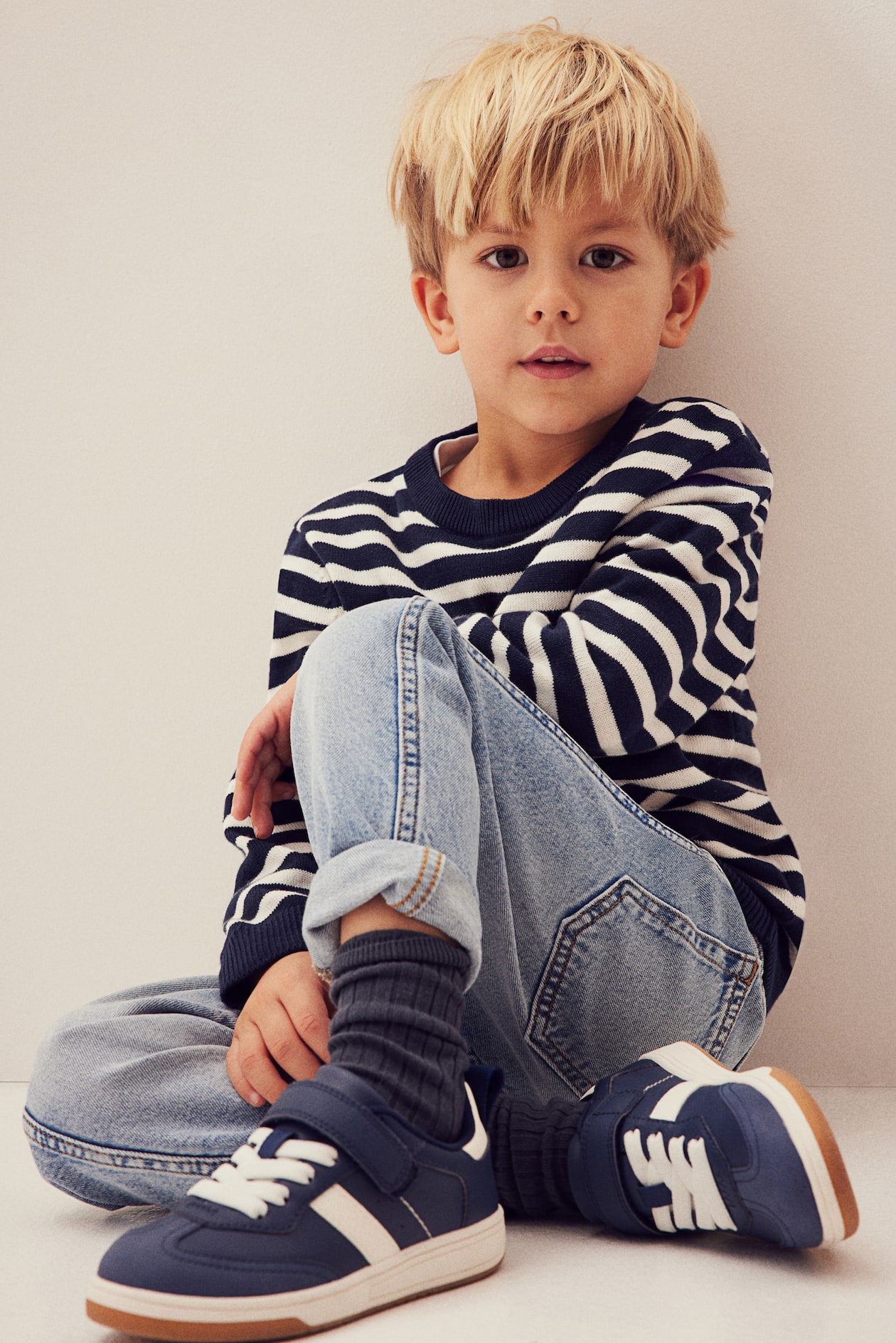 Jacquard-knit Cotton Sweater - Navy blue/striped - Kids | H&M US