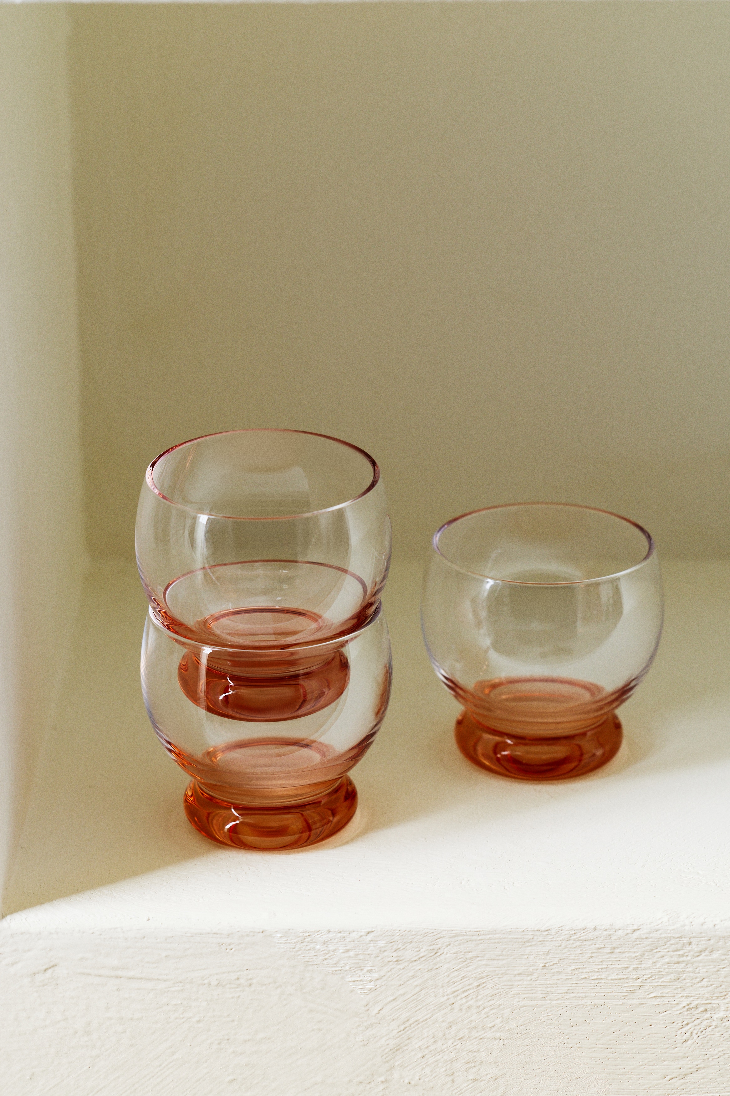 2-pak mundblæst drikkeglas - Lys rosa/Transparent/Olivengrøn/Transparent