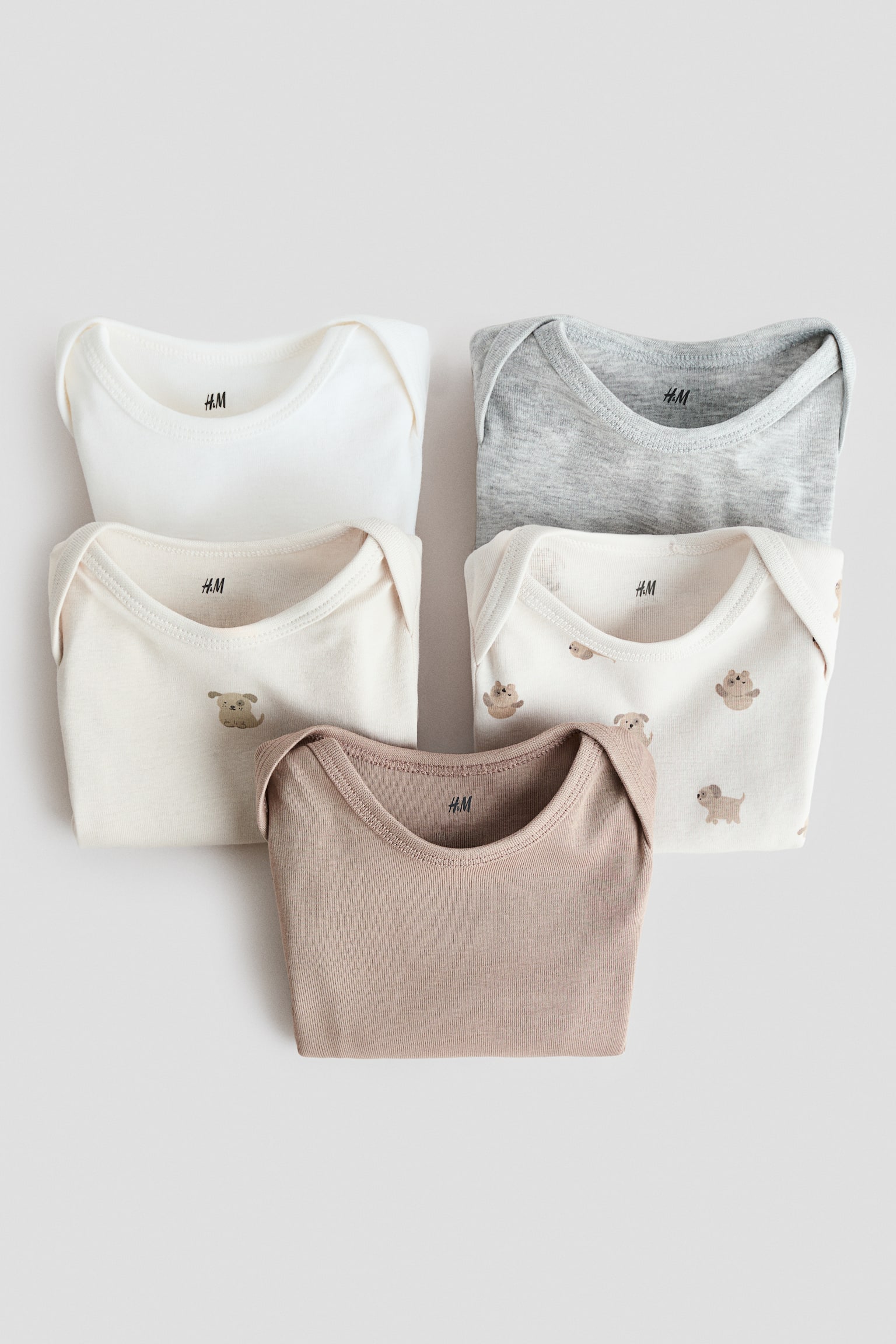 5-pak body i bomuld - Lys beige/Hunde/Blå/Ankre/Grå/Stribet/Lyseblå/Dinosaurer/Beige/Kanin/Rosa/Hjerter/Brun/Elefanter - 2