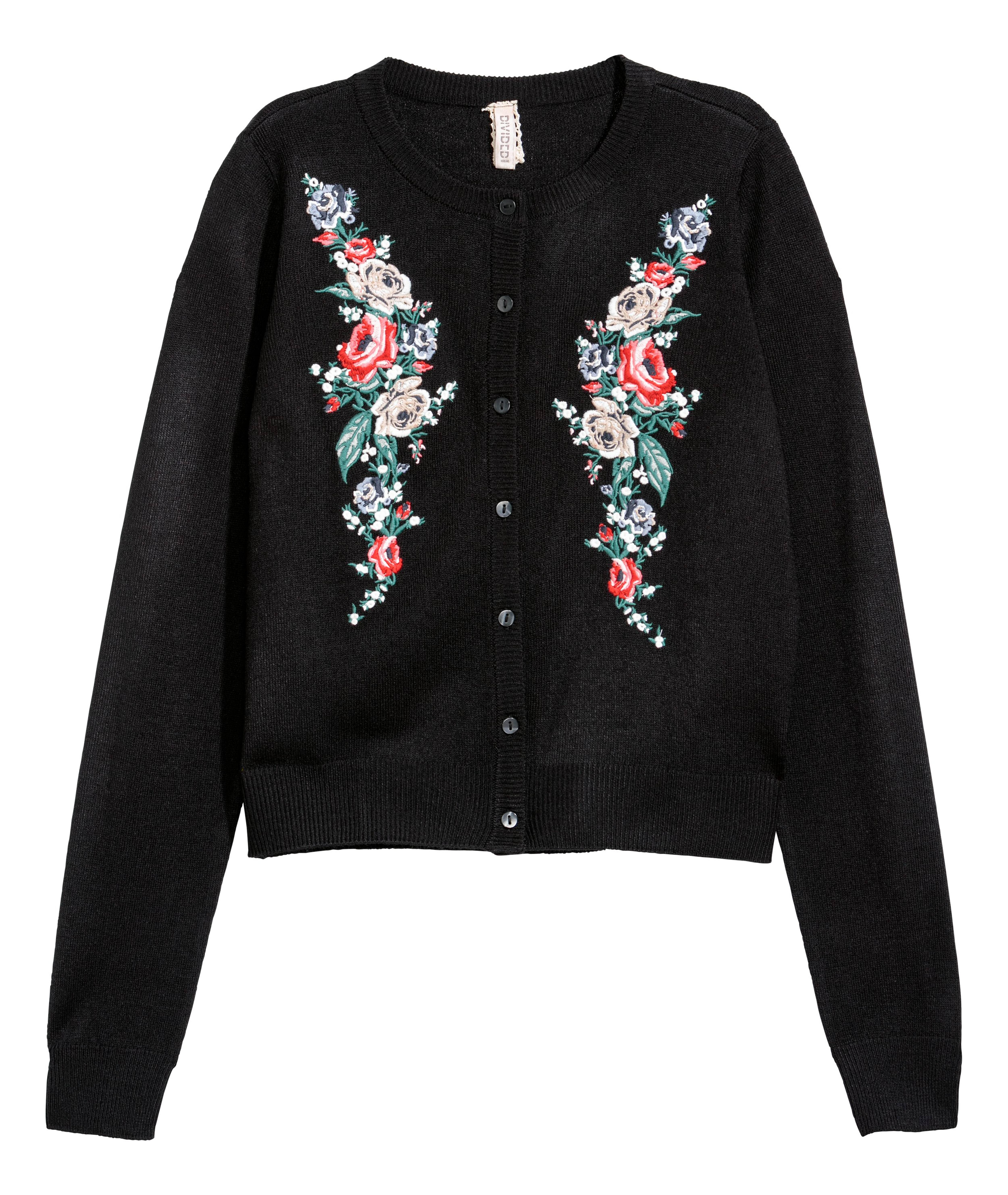 Vintage Wool outlet Cardigan Sweater Boxy Embroidered Flowers Black Silver Buttons M