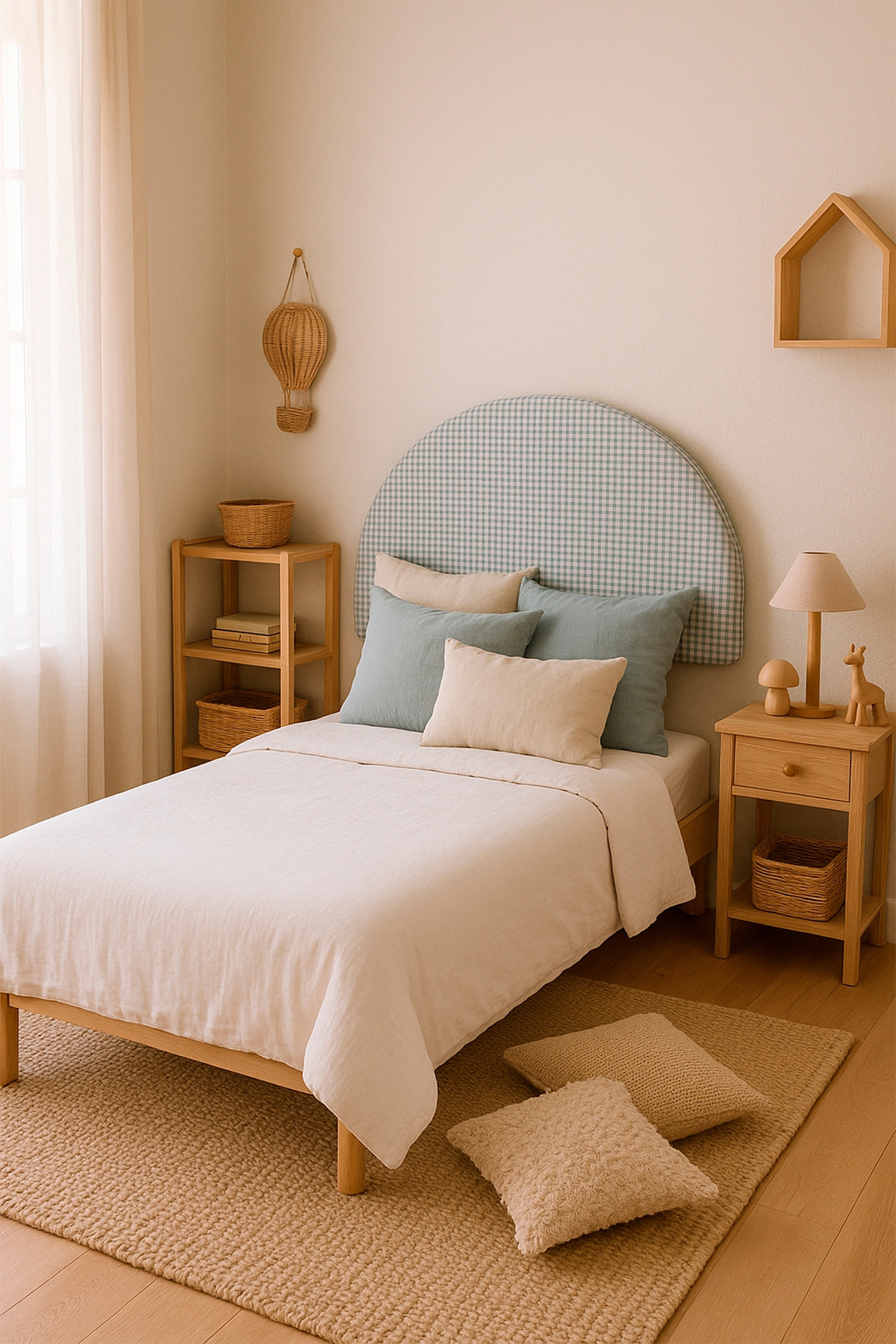 Moon Tête De Lit Pour Enfant En Forme De Demi-lune - Vichy Turquoise/Teddy Beige/Bleu Turquoise