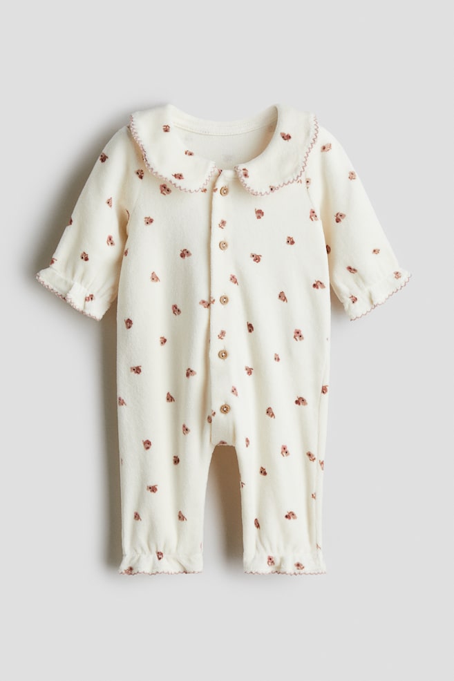Romper i bomullsvelour - Vit/Blommig - 1