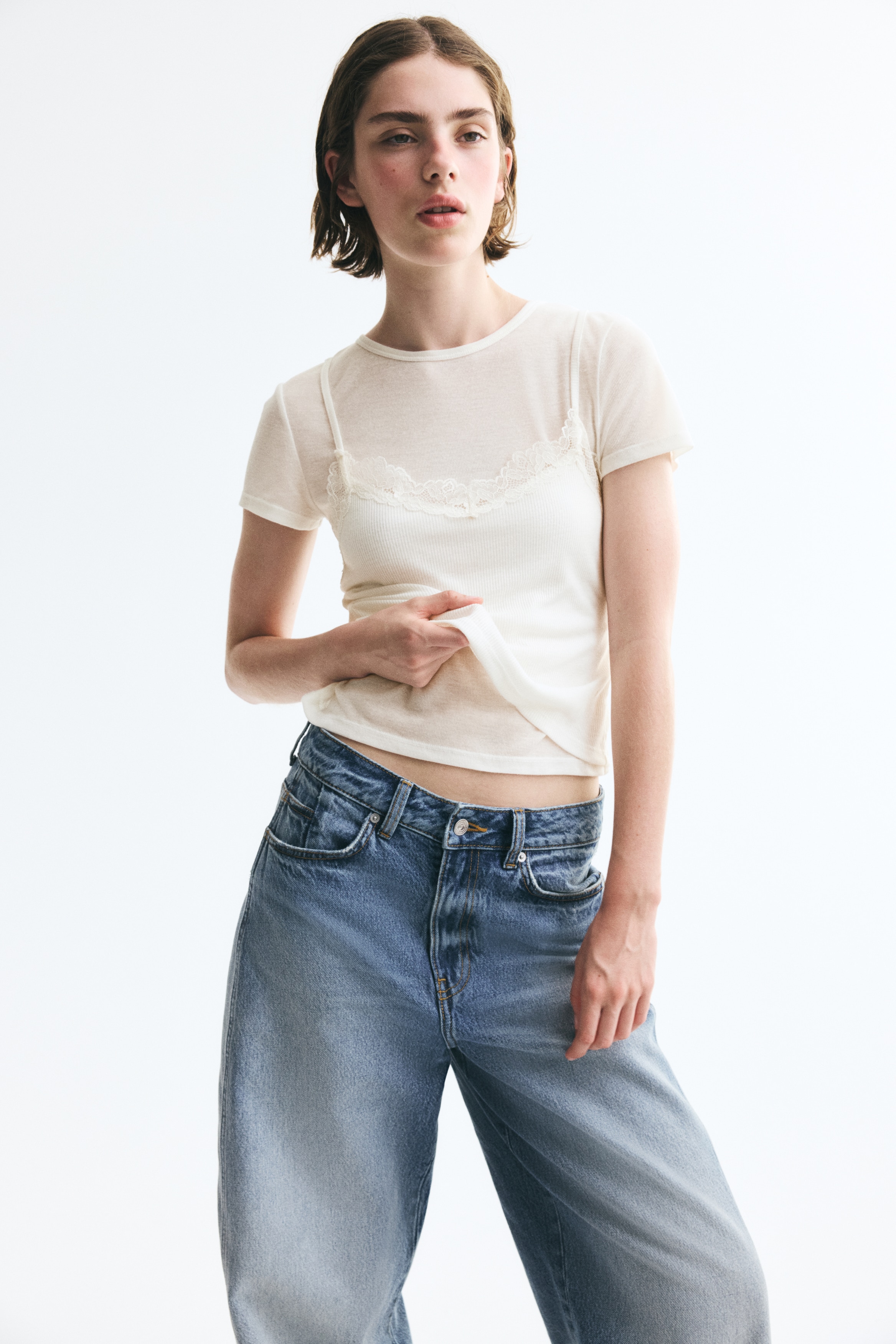 Lace-trimmed layered top - Cream/Light mole/Light blue
