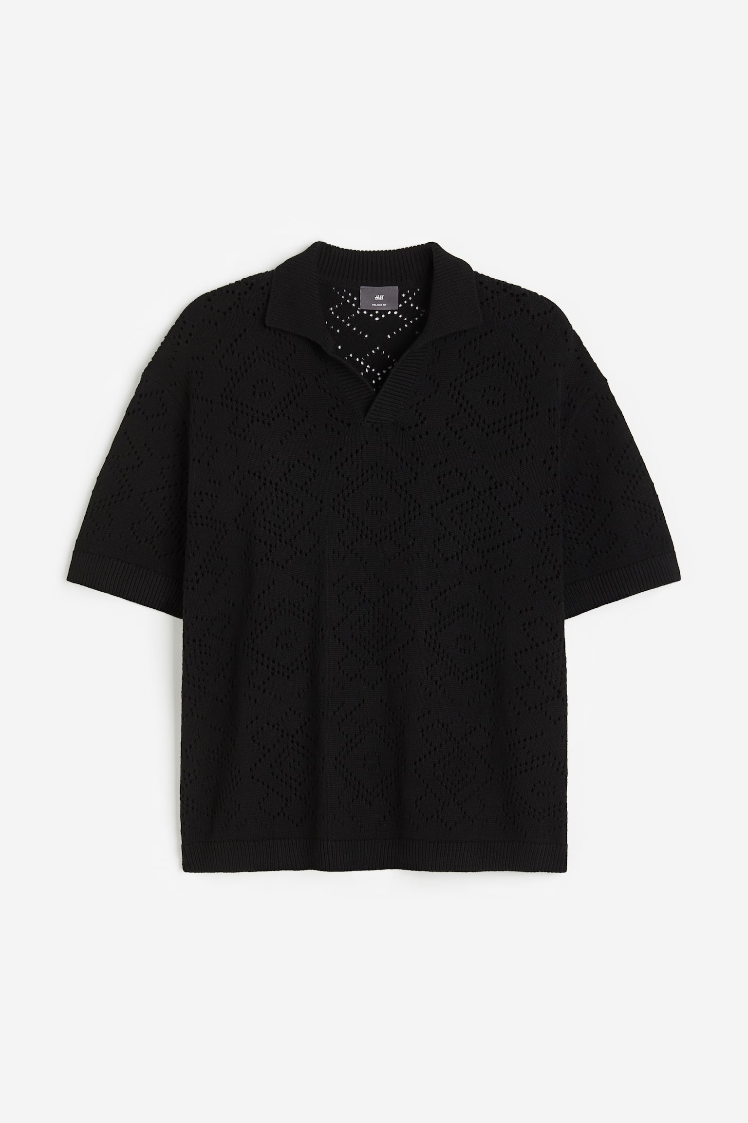 Relaxed Fit Crochet-look polo shirt - Black/Cream - 1