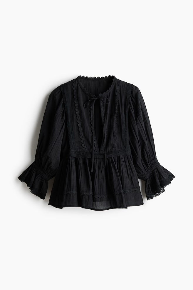 Lace-Trimmed Cotton Blouse - Black - 1