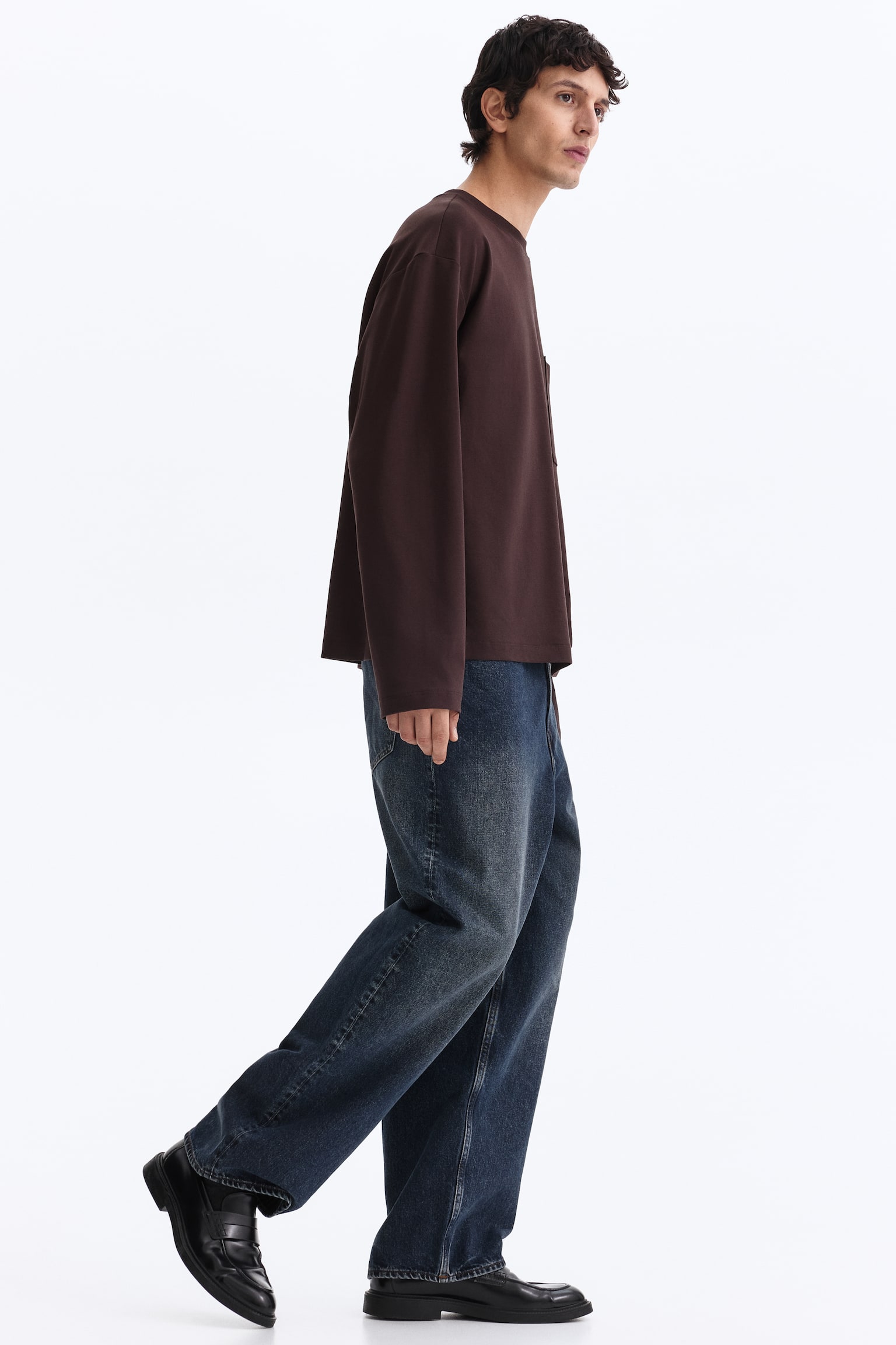 Loose Fit Long-sleeved jersey top - Dark brown/White/Black/White/Beige - 7