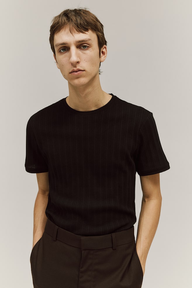 Regular Fit Pointelle-knit T-shirt - Black/Cream - 4