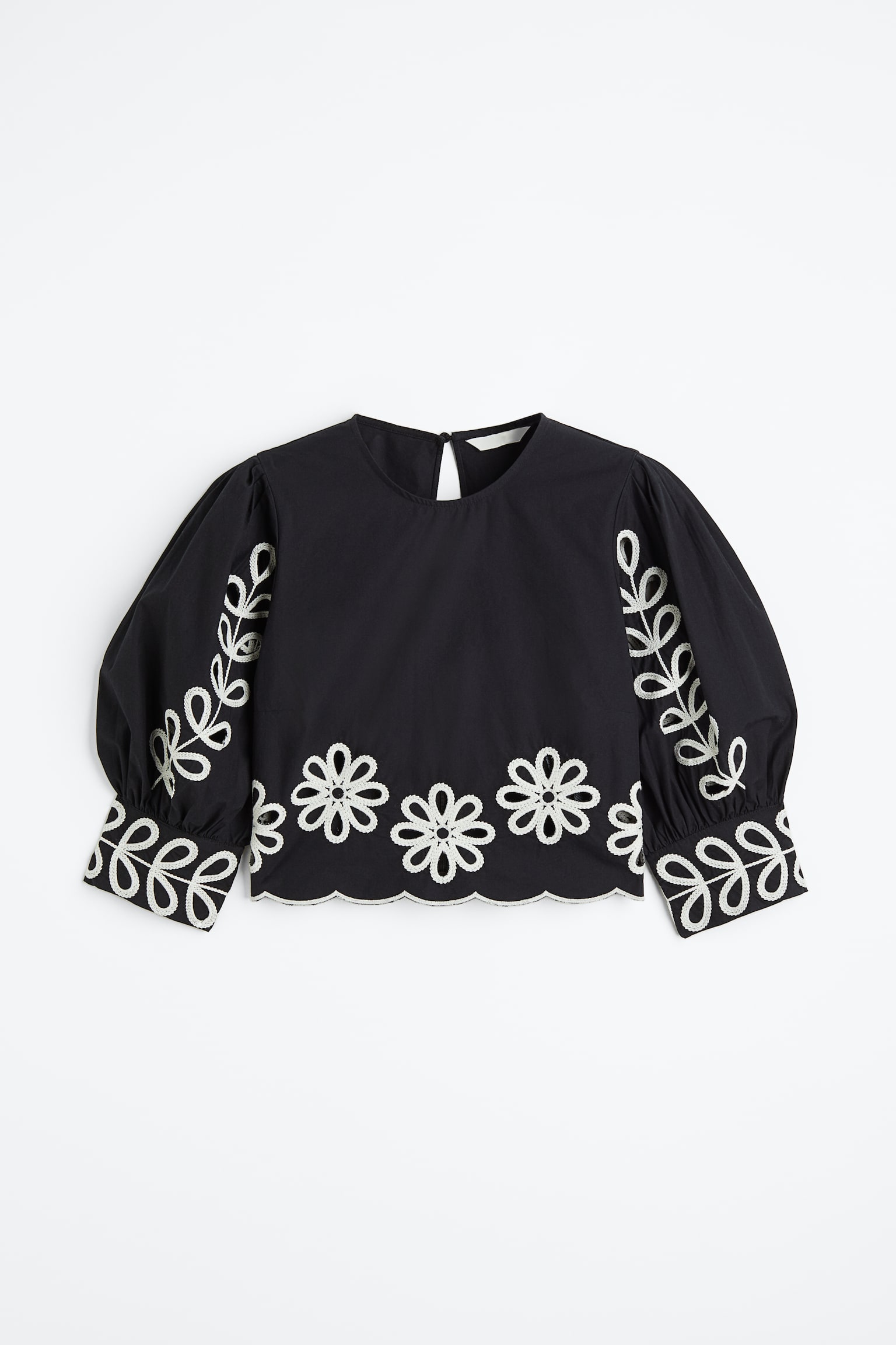 Puff Sleeve Embroidered Blouse - Black/Embroidered/Bright blue - 1