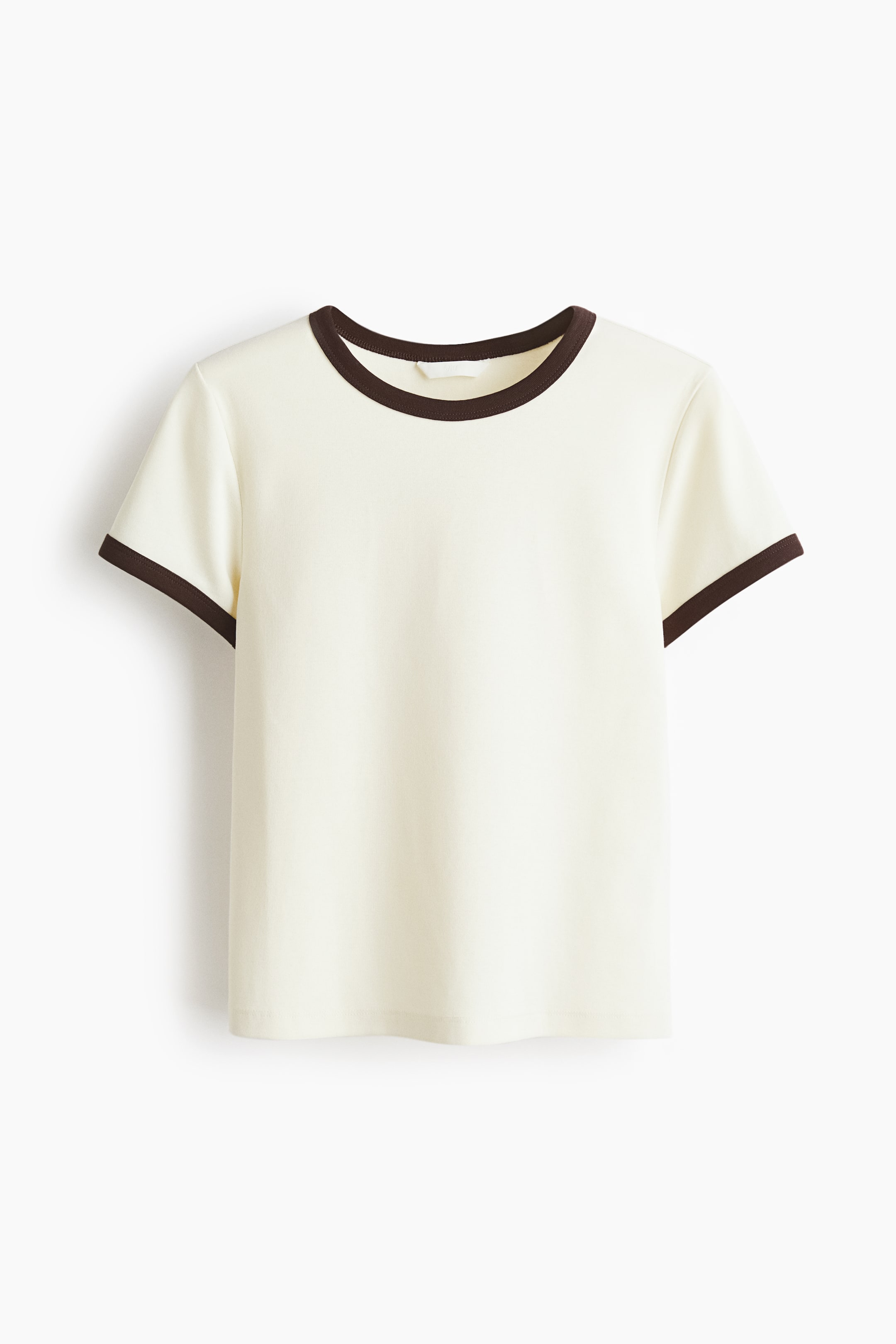 View larger image: A fitted t-shirt showcases a cream-colored front. Dark brown trim outlines the round neckline and short sleeve cuffs, while a straight-cut hem completes the design.