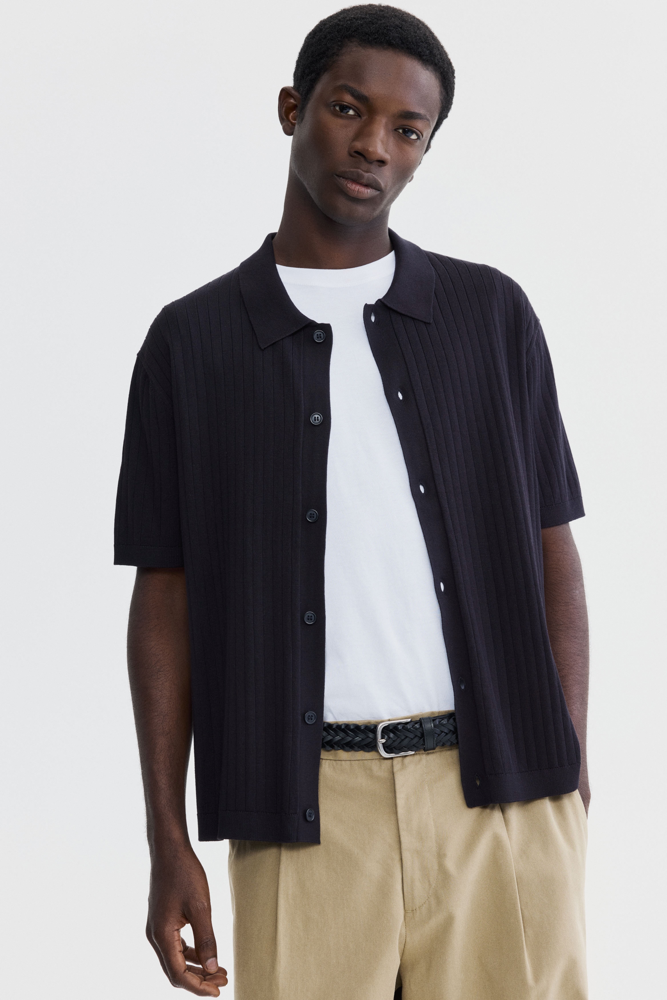 Camicia in maglia a costine Regular Fit - Blu scuro/Crema/Marrone scuro