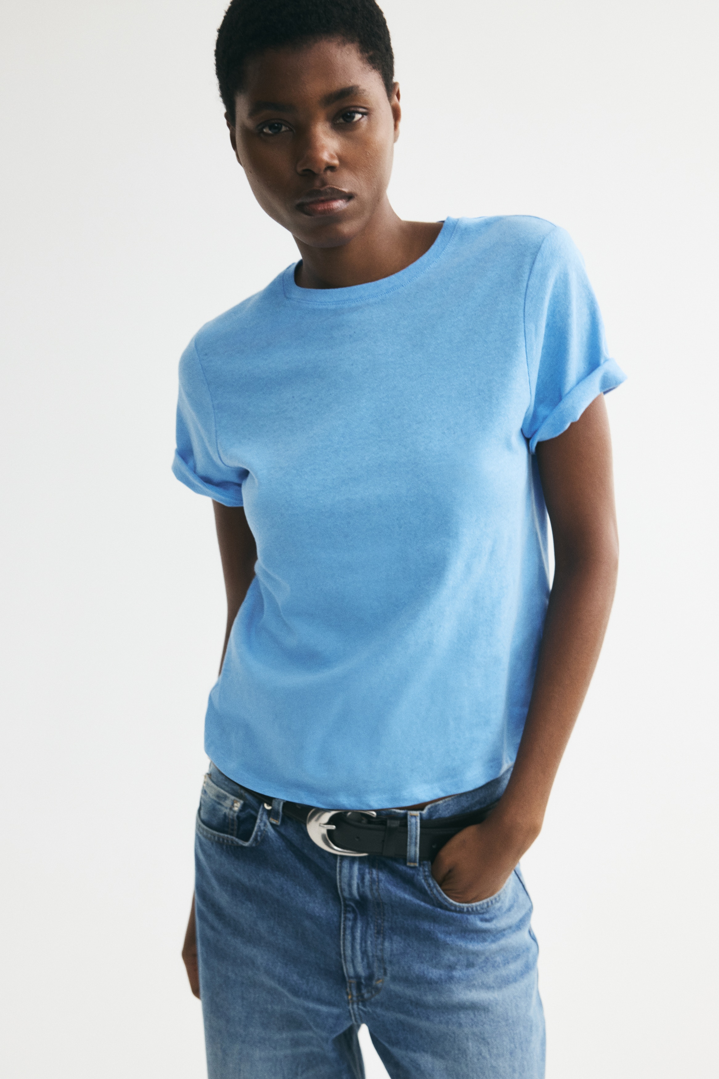 Majica od mešavine lana - Plava/Breskva ružičasta/Svetložuta