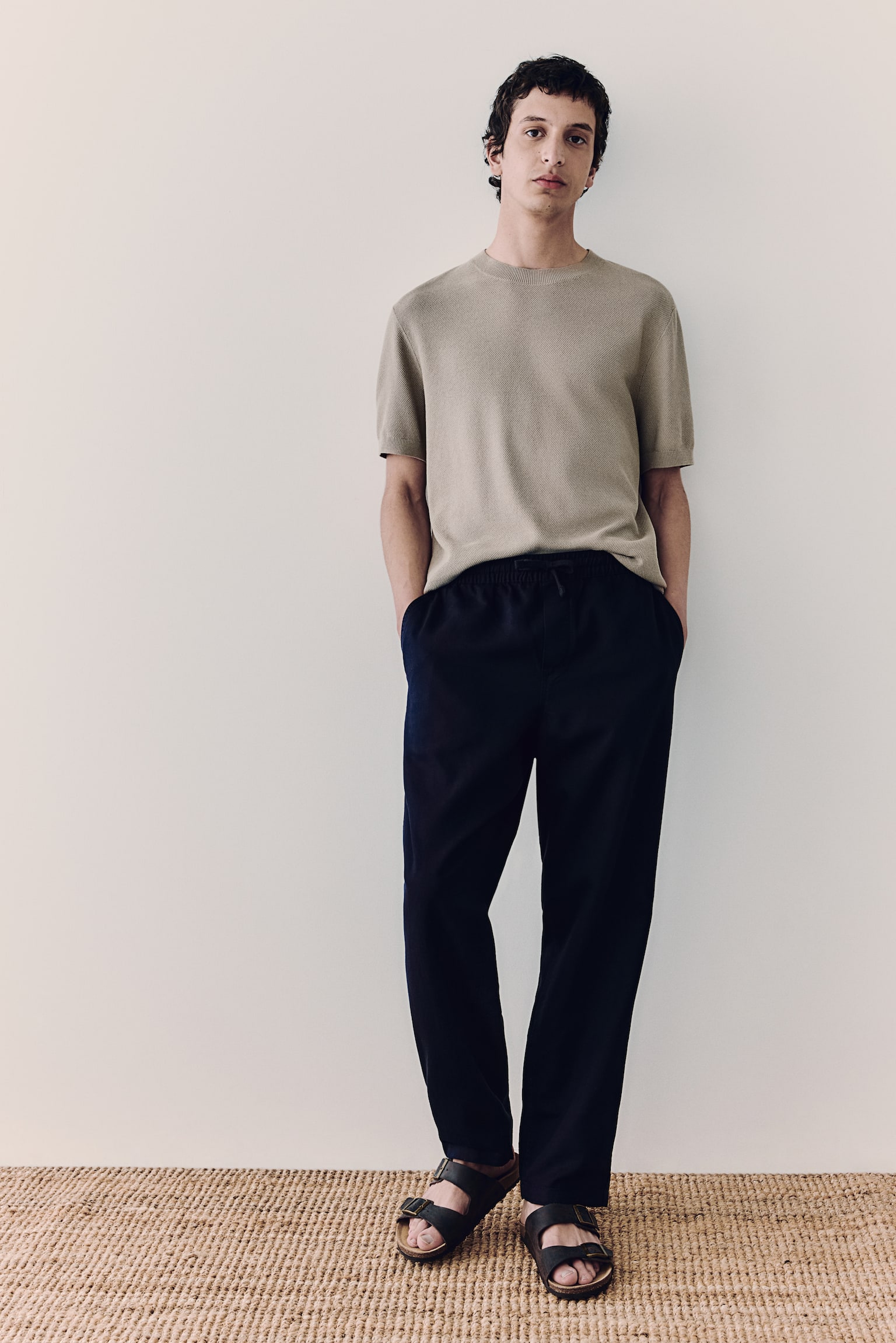 Relaxed Fit Linen-blend trousers - Navy blue/White - 1