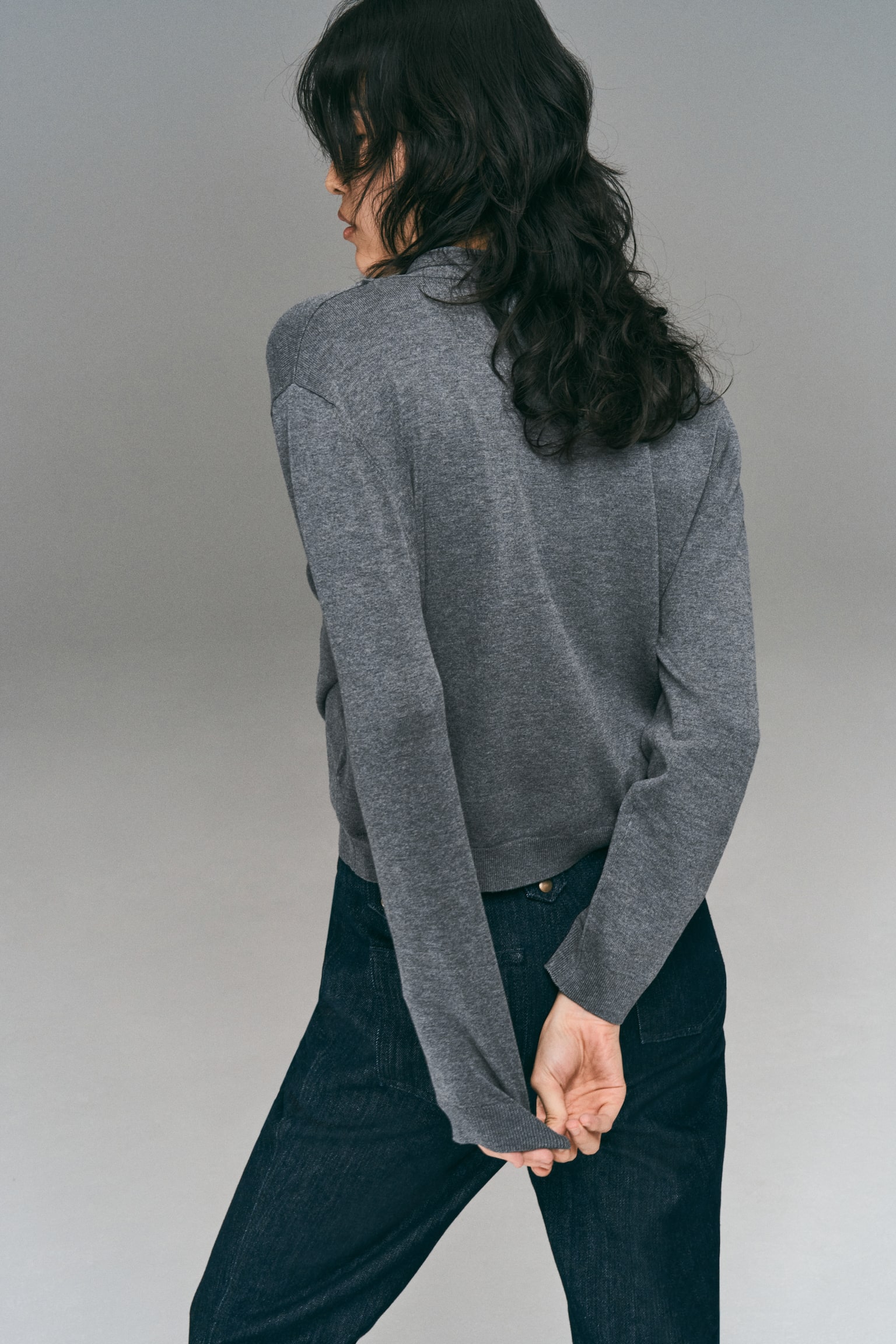 스카프 칼라 스웨터 - 그레이 멜란지/화이트 - 4