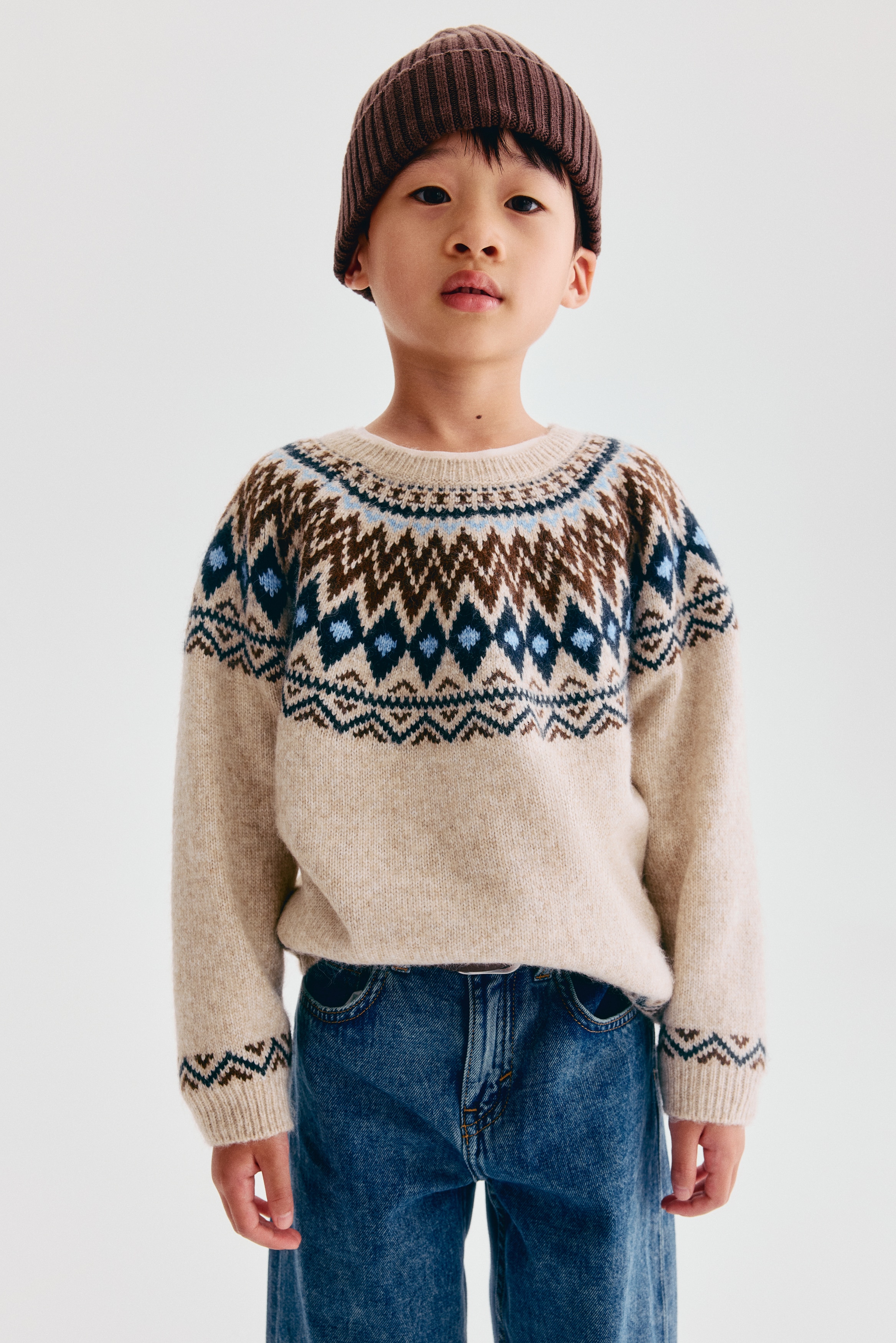 Jacquard-knit jumper - Light beige/Patterned/White/Patterned