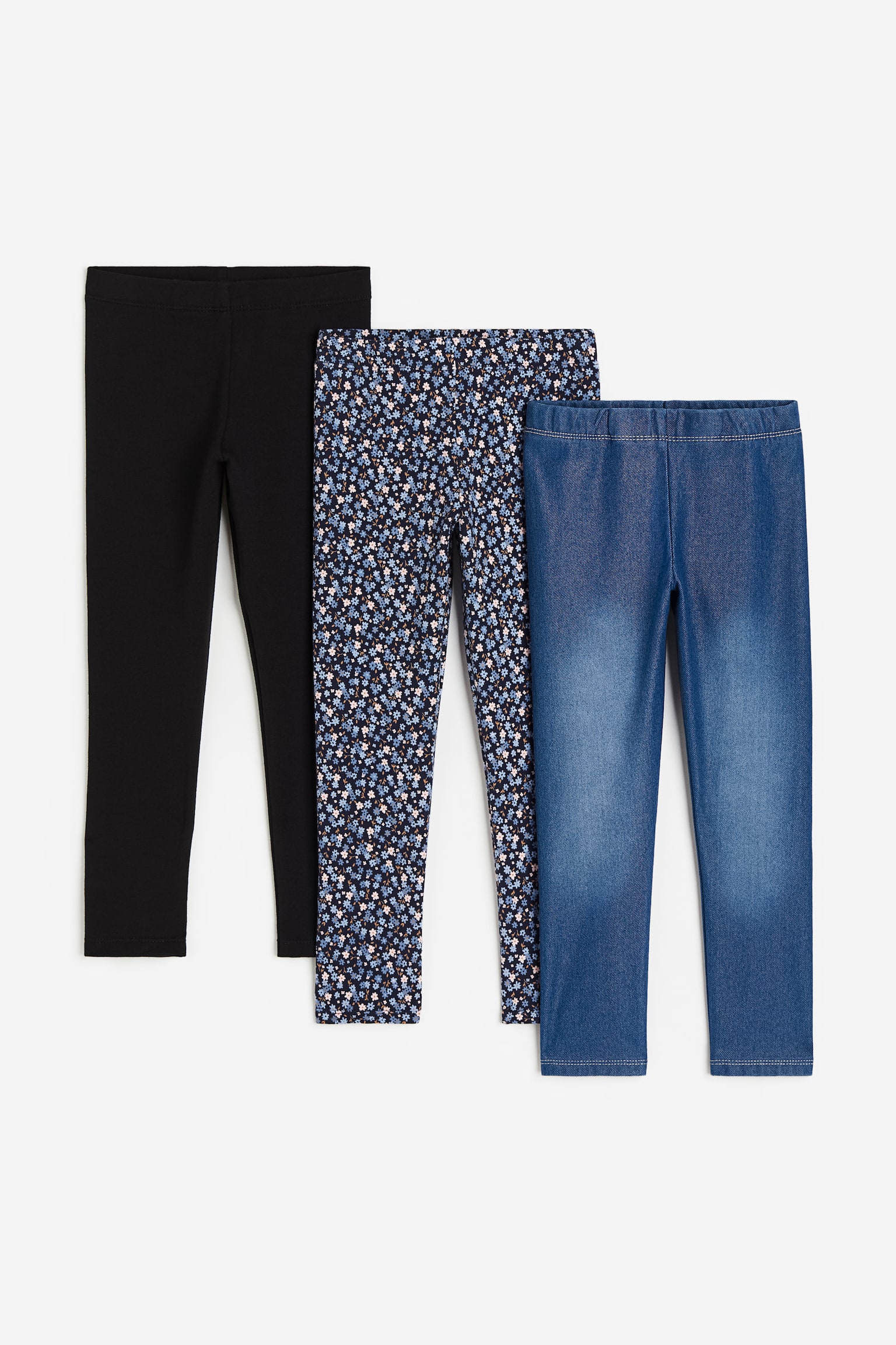 3er-Pack Baumwollleggings - Dunkelblau/Geblümt