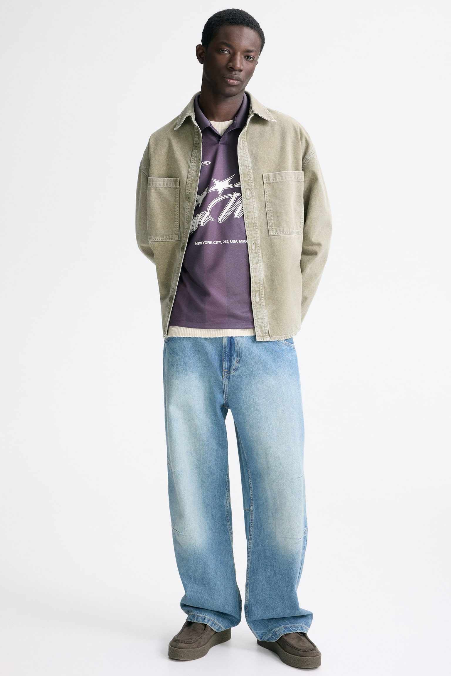 水洗效果斜紋夾克襯衫 - 卡其綠 - 5