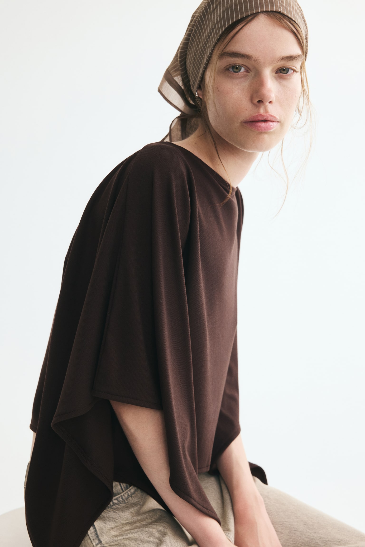 Viscose-blend cape - Dark brown/Beige marl - 1