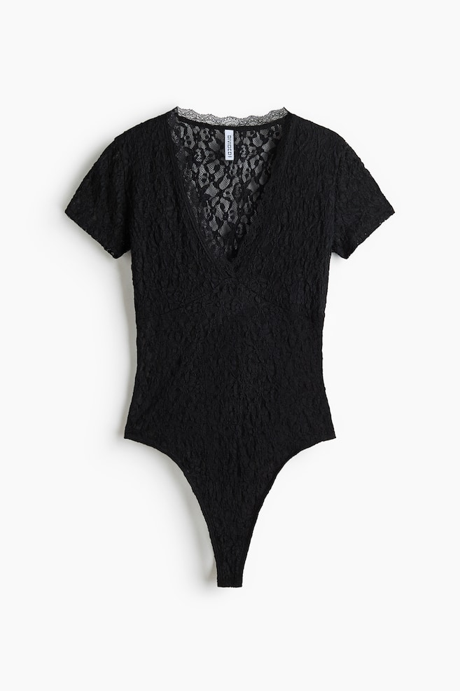 Short-Sleeved Lace Bodysuit - Black - 1