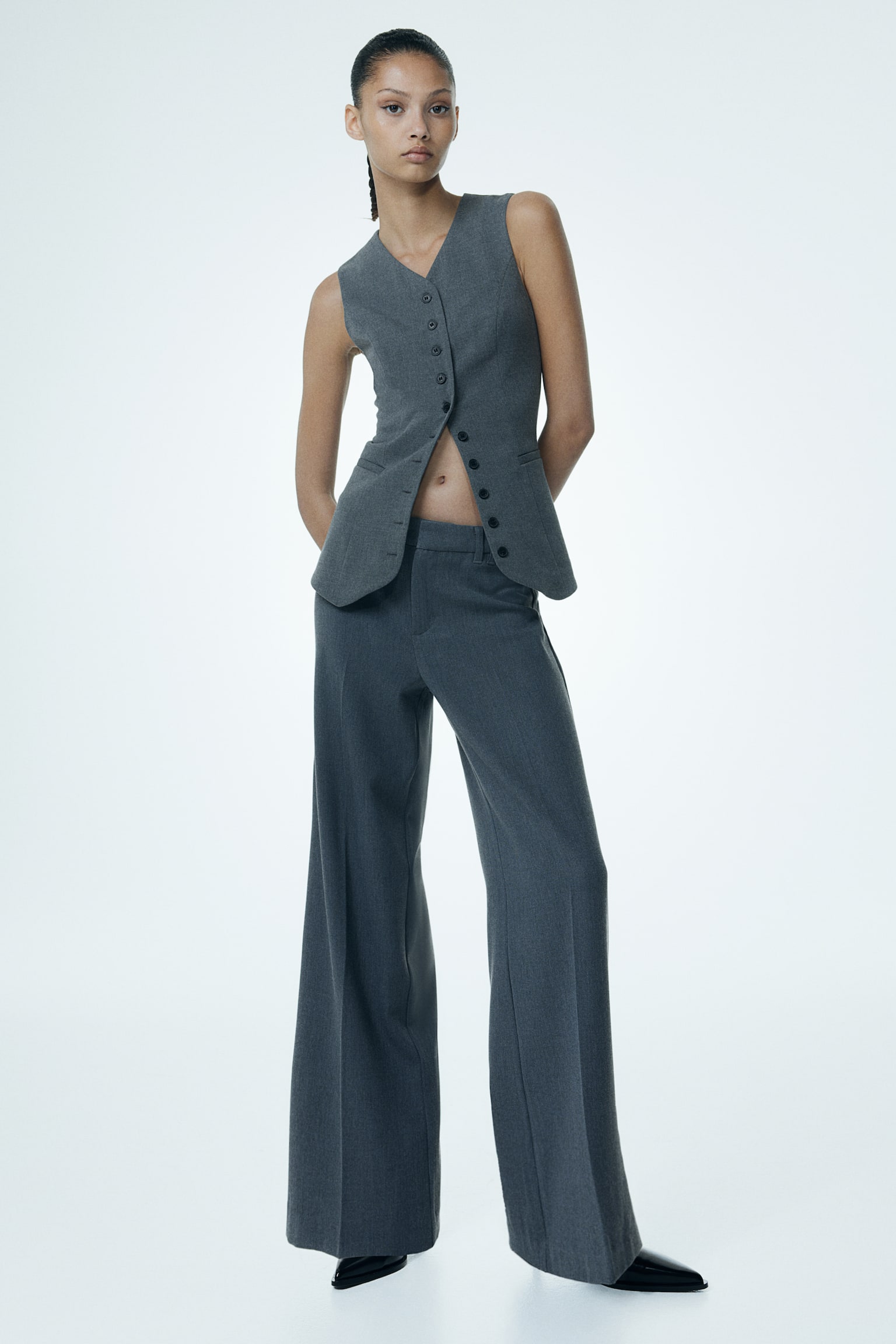 Wide tailored trousers - Dark grey marl/Grey marl/Dark brown/Pinstriped/Black/Navy blue/Pinstriped - 4