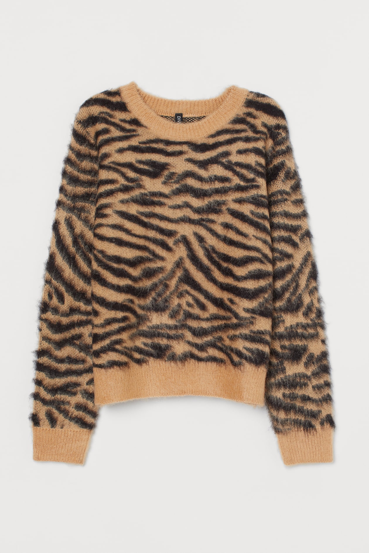 Jacquard-knit Sweater - Round Neck - Long sleeve - Beige/zebra print ...