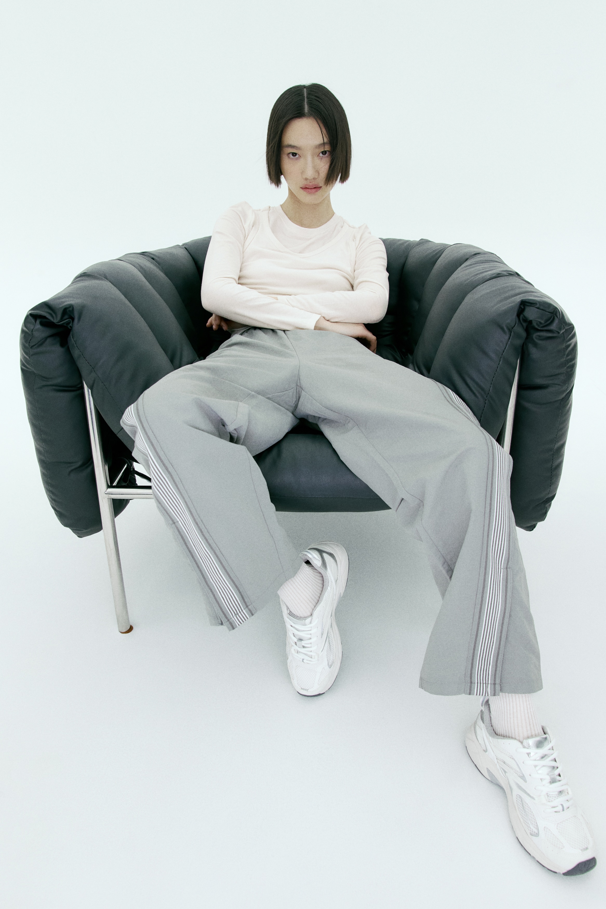 레이어드 탑 - 화이트/그레이 멜란지/블랙