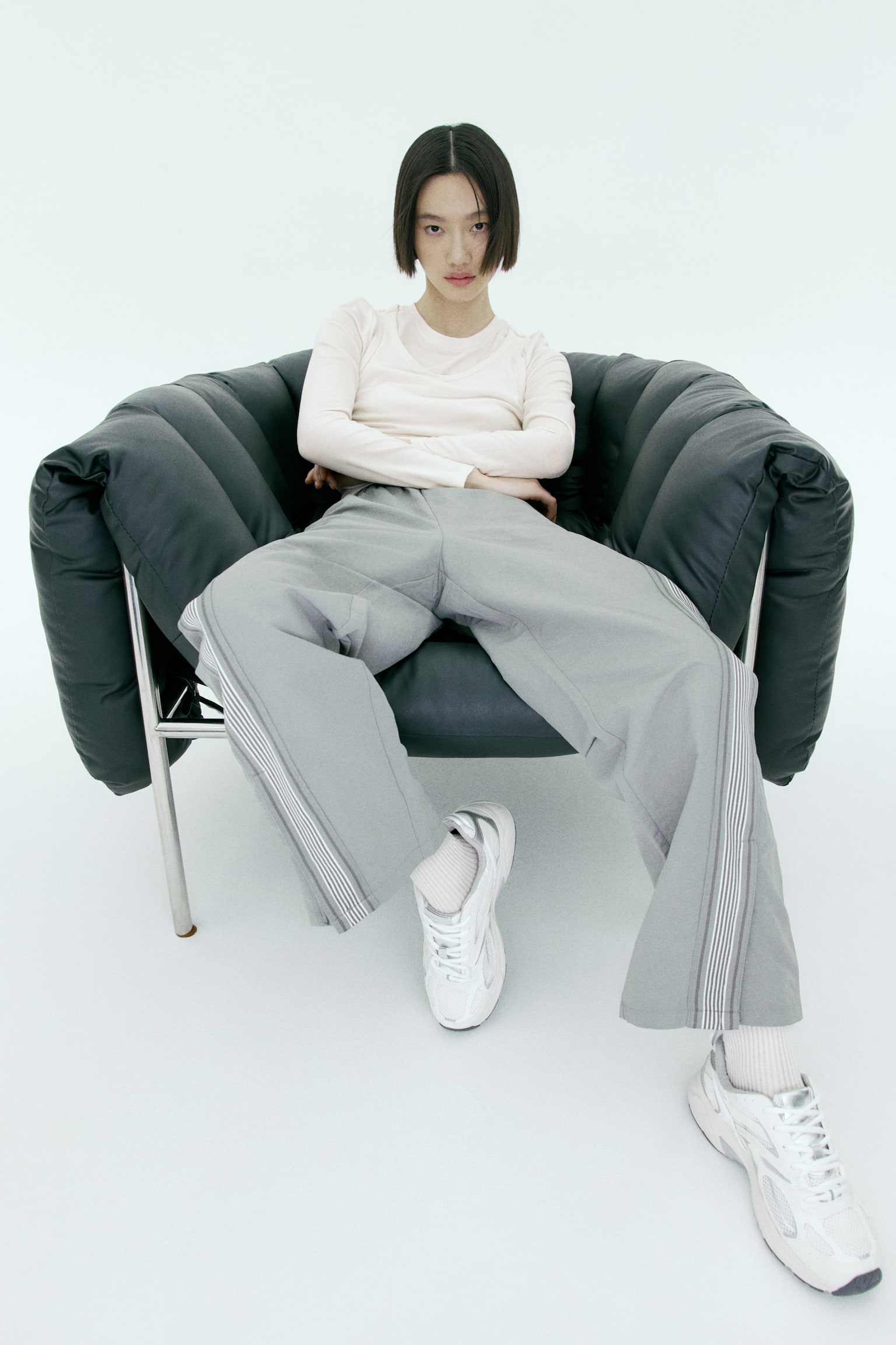 レイヤードトップス - ホワイト/ブラック/グレーメランジ - 1