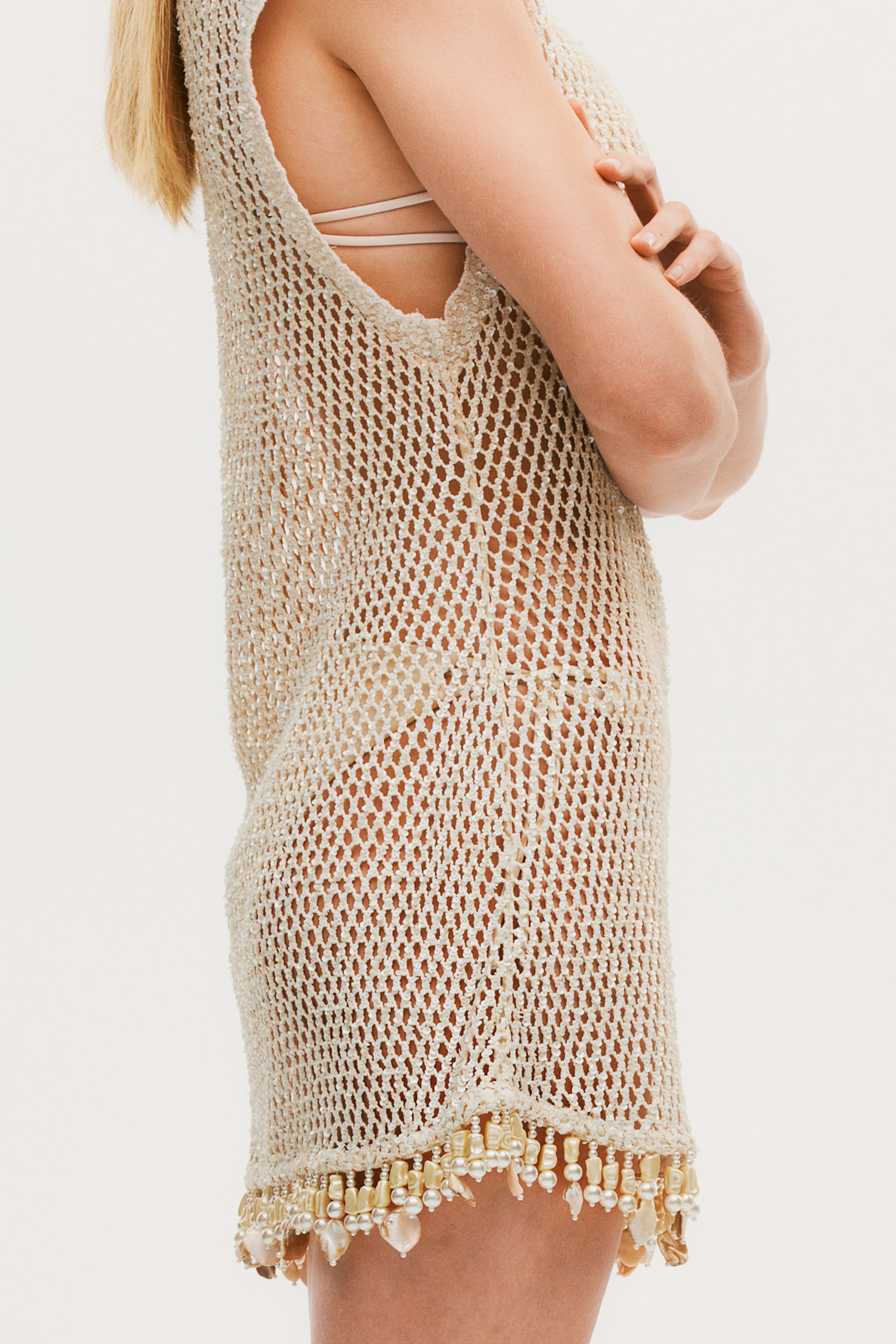 Embellished mesh-knit mini dress - Cream - 6