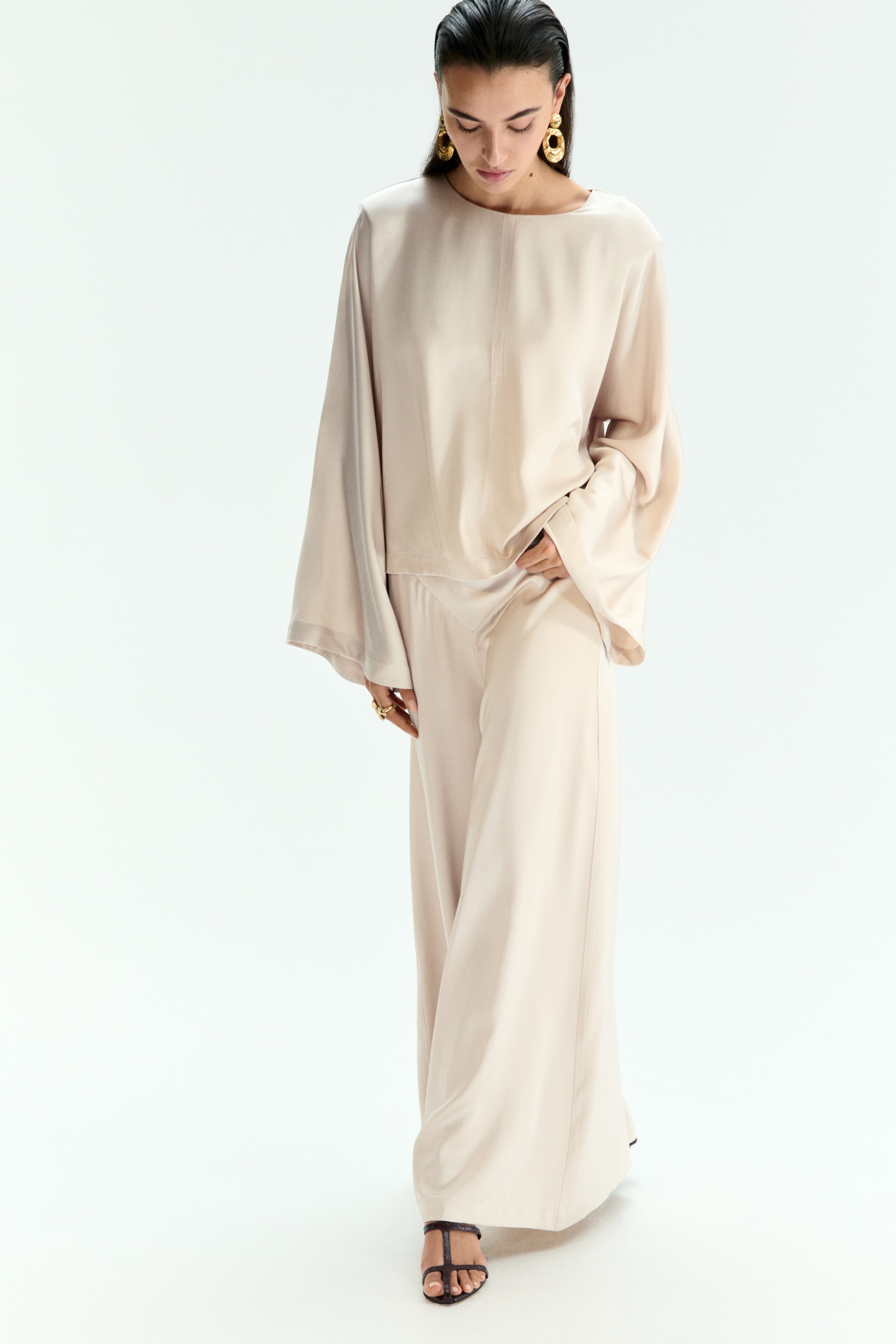 Broek met wijde pijpen - Lichtbeige