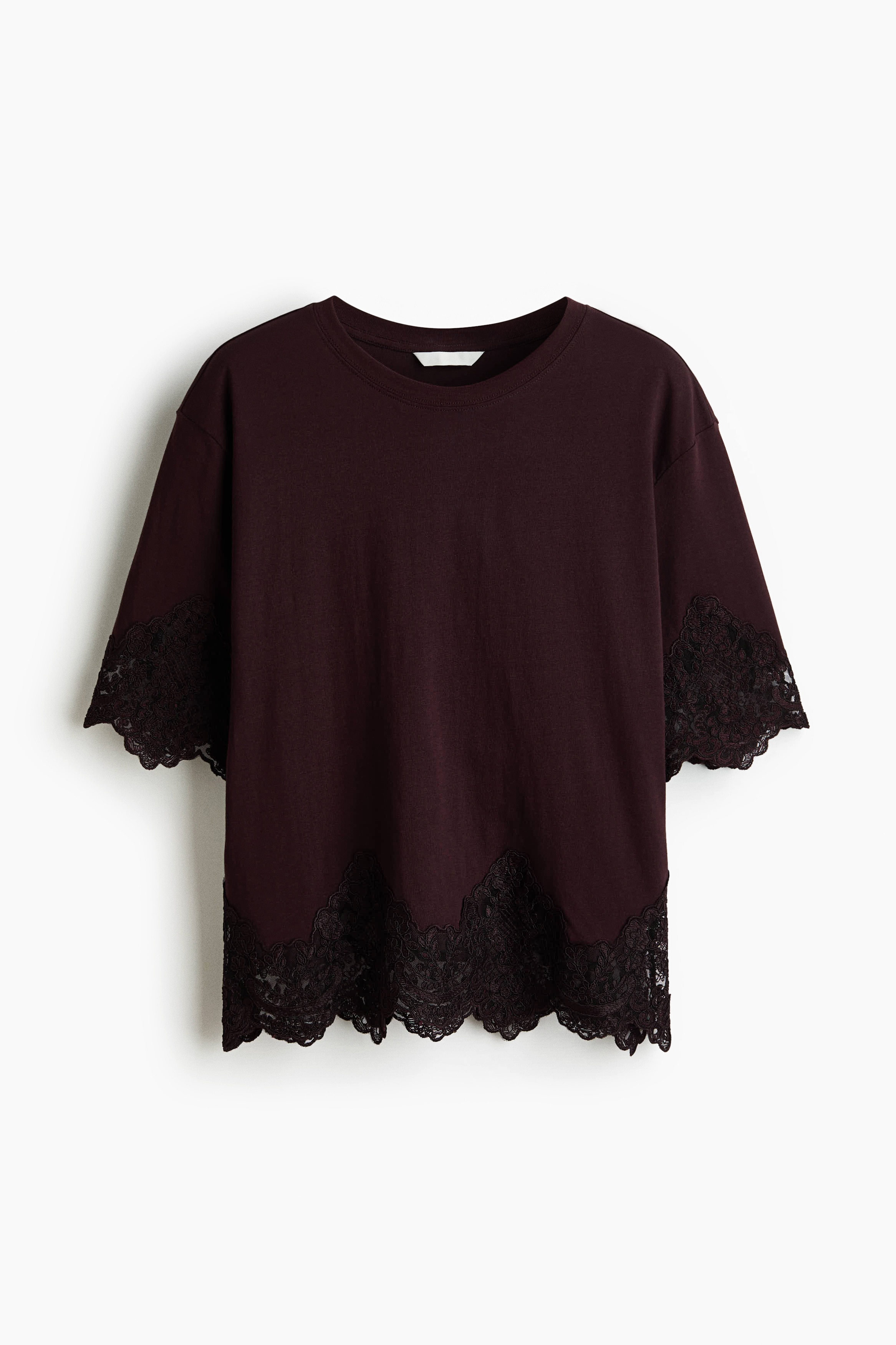 T-shirt en coton avec dentelle - Bordeaux/Noir/Blanc/crème