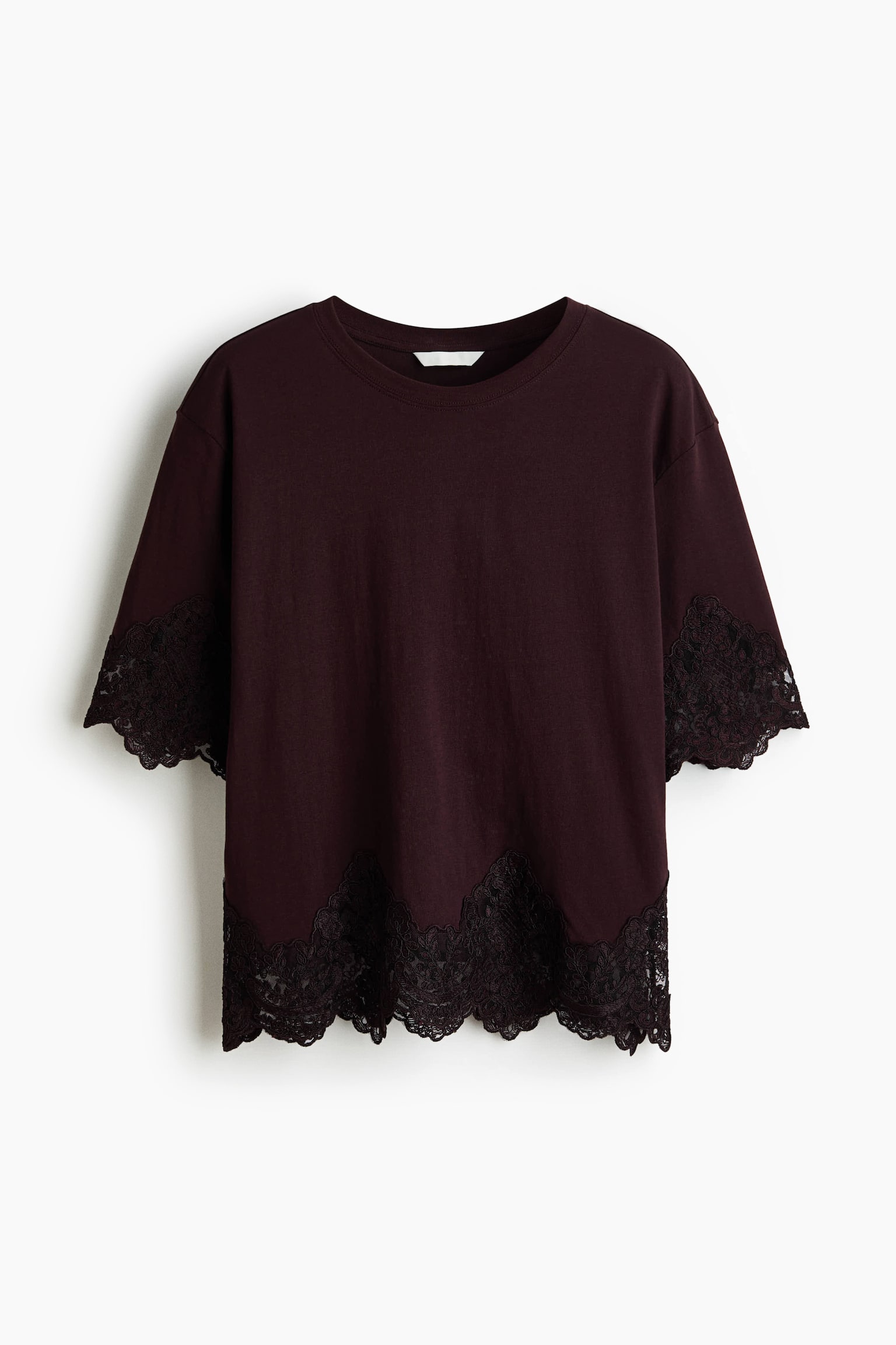 Lace-Trimmed Cotton T-Shirt - Burgundy/Black/White/cream - 1