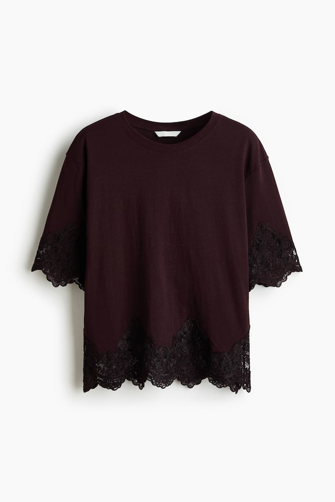 Lace-trimmed cotton T-shirt - Burgundy/White/Cream/Black - 1