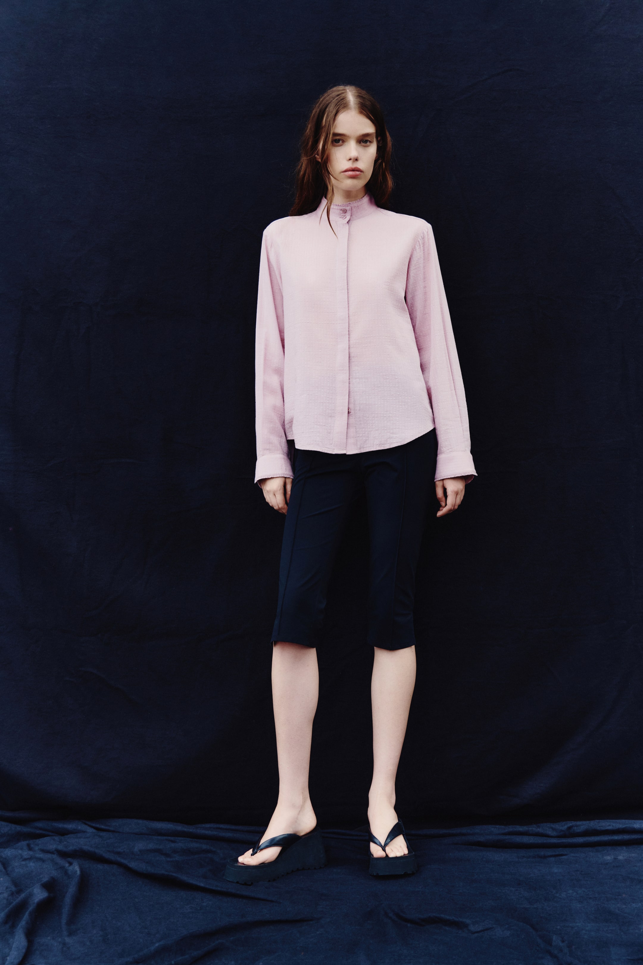 Ruffle-Trimmed Stand-Up Collar Shirt
