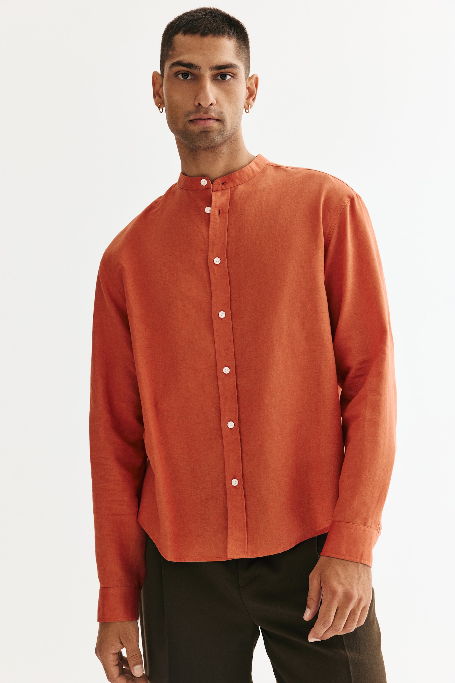 Regular Fit Linen-blend grandad shirt - Dark orange/Bright blue - 2