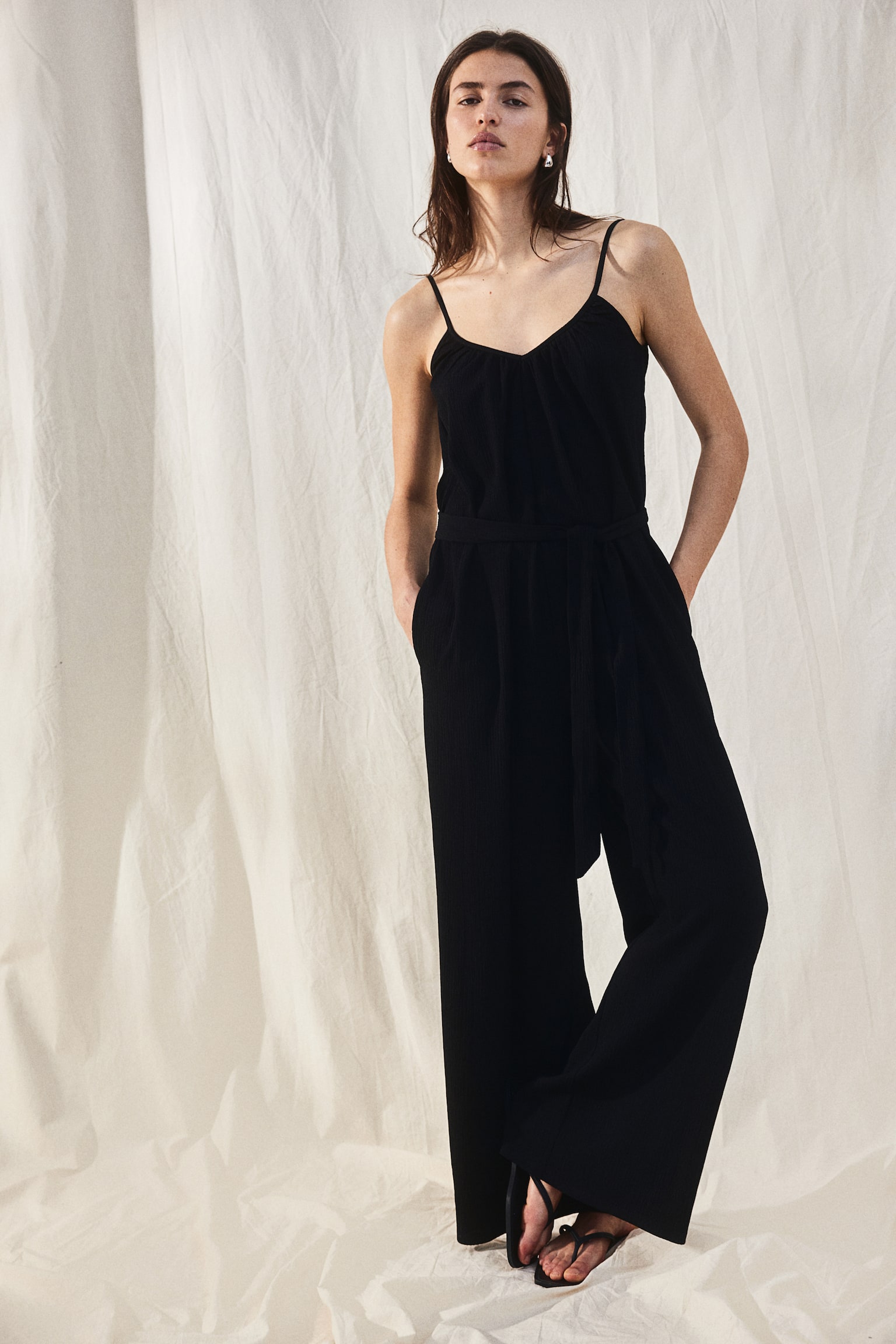 Tie Belt Jersey Jumpsuit - Black/Rust brown/Light beige/Stripe/Light beige/Black pattern - 1