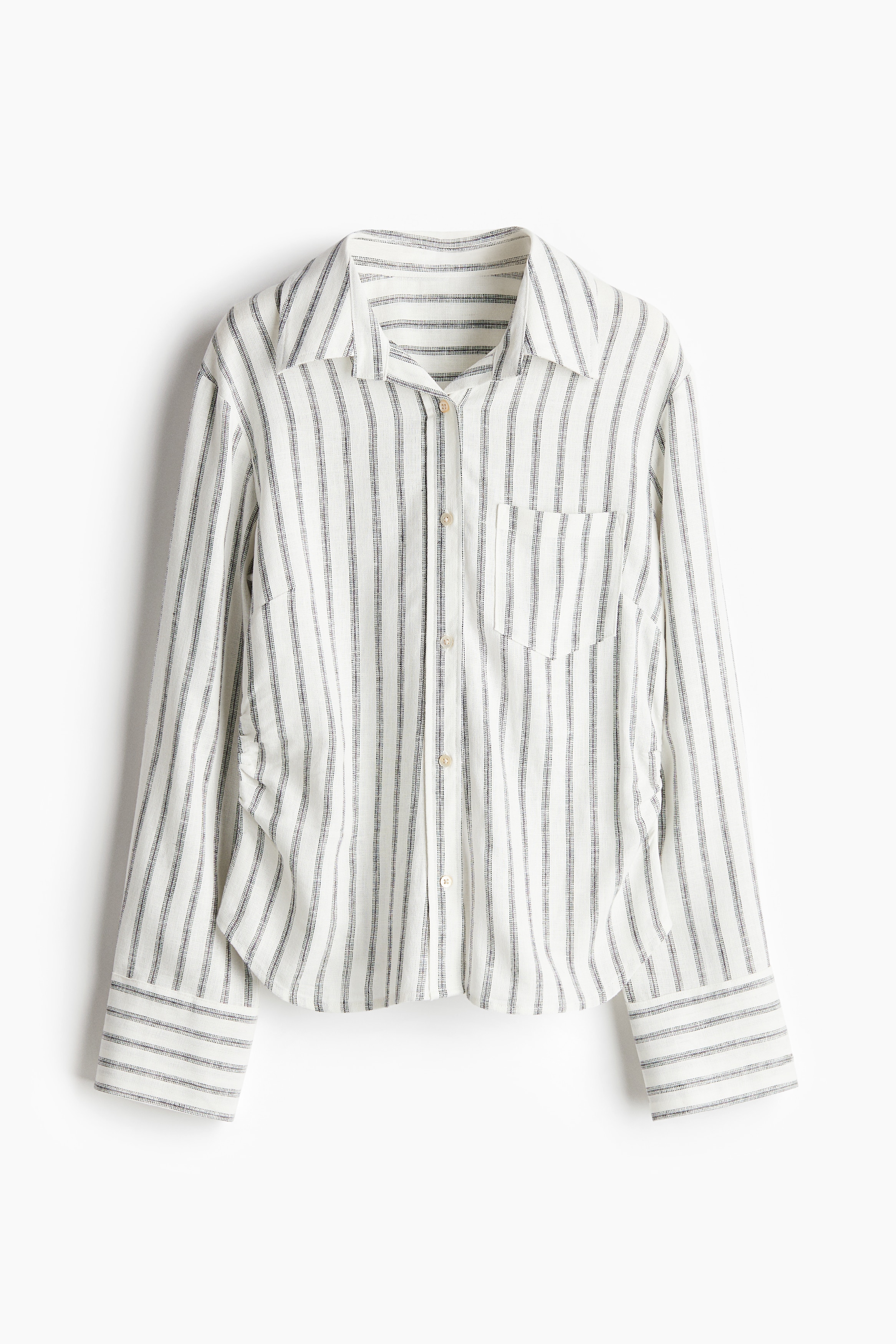 Camicia arricciata in misto lino - Bianco/righe/Beige chiaro/Giallo-verde