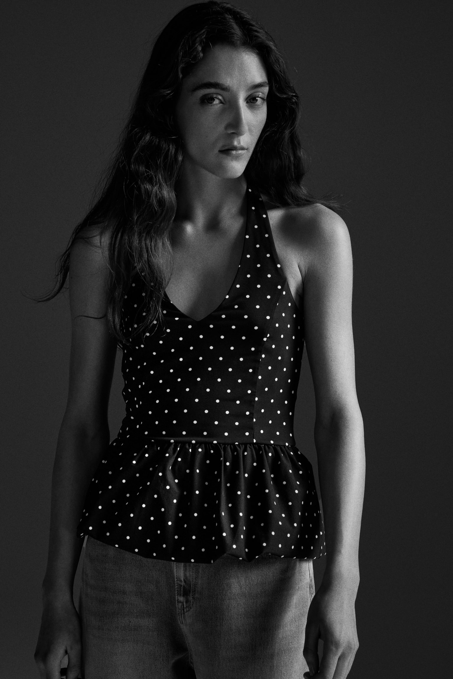 Peplum halterneck top - Black/Spotted/Black - 1