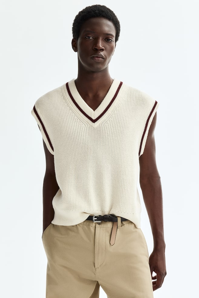Loose-Fit Knit Sweater Vest - Cream/Navy blue - 2