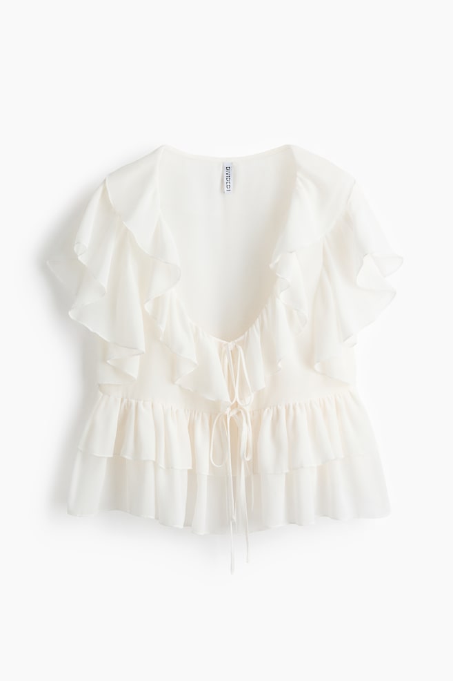 Flounced Tie-Front Blouse - Cream/Light blue/Light pink/floral - 1
