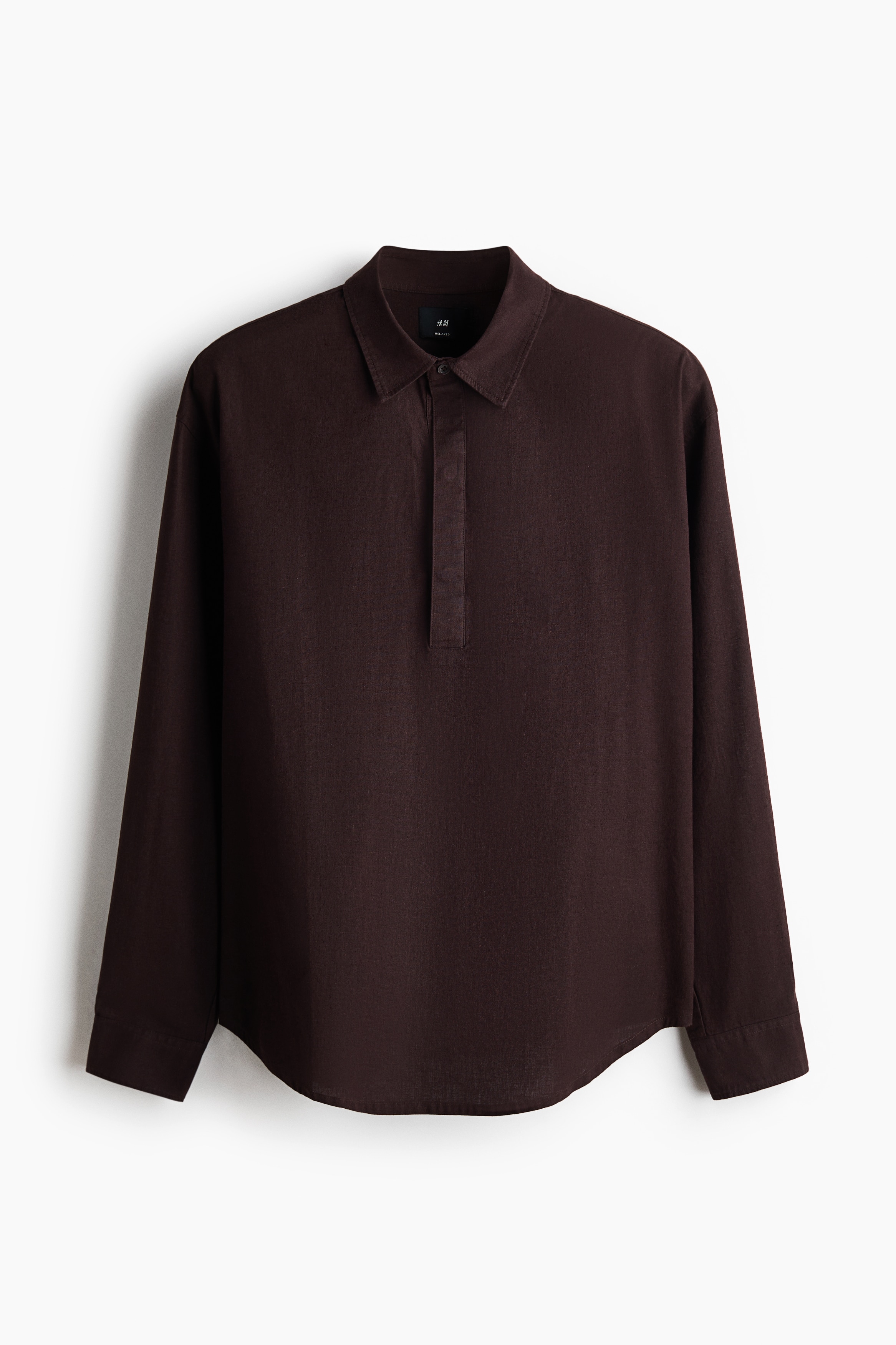 Relaxed Fit Linen-blend popover shirt - Dark brown/Dark khaki green/Cream