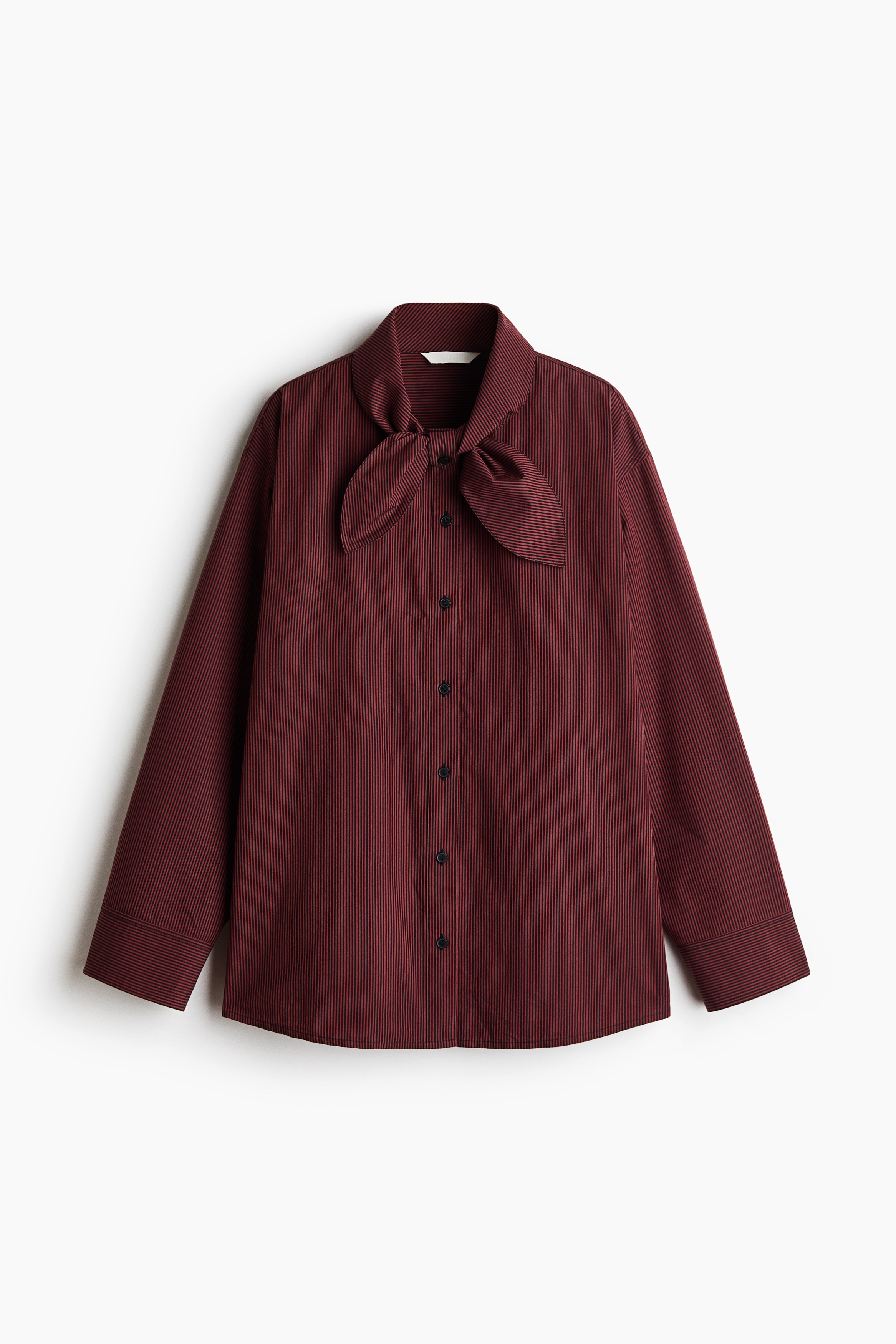 Bow-collar cotton shirt - Dark red/Striped