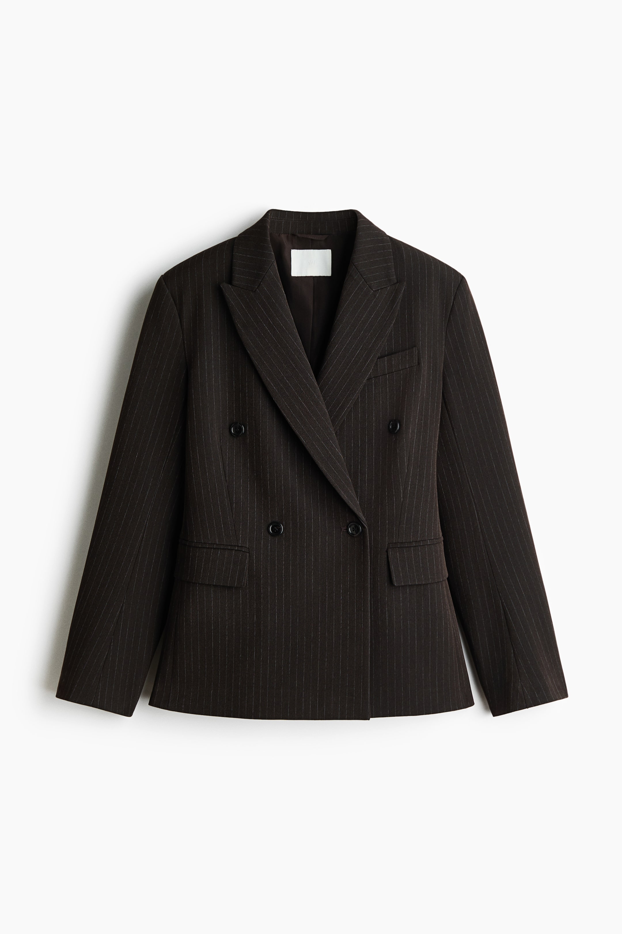 View larger image: A dark brown pinstripe double-breasted blazer is shown from the front, featuring notch lapels, four dark buttons, a welt pocket at the left chest, and two flap pockets at the hips.