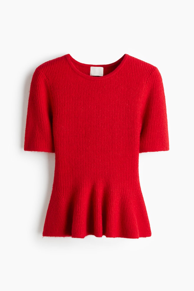 Rib-Knit Peplum Top - Red - 1